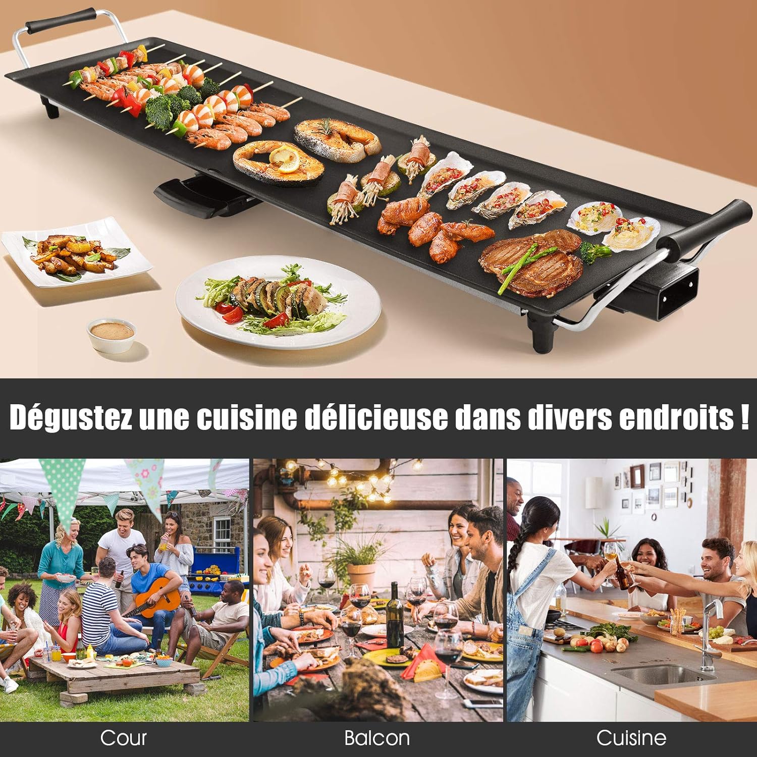GOPLUS - plancha électrique XXL - 90x23cm - antiadhésive, thermostat ajustable, 8 personnes, 1800W