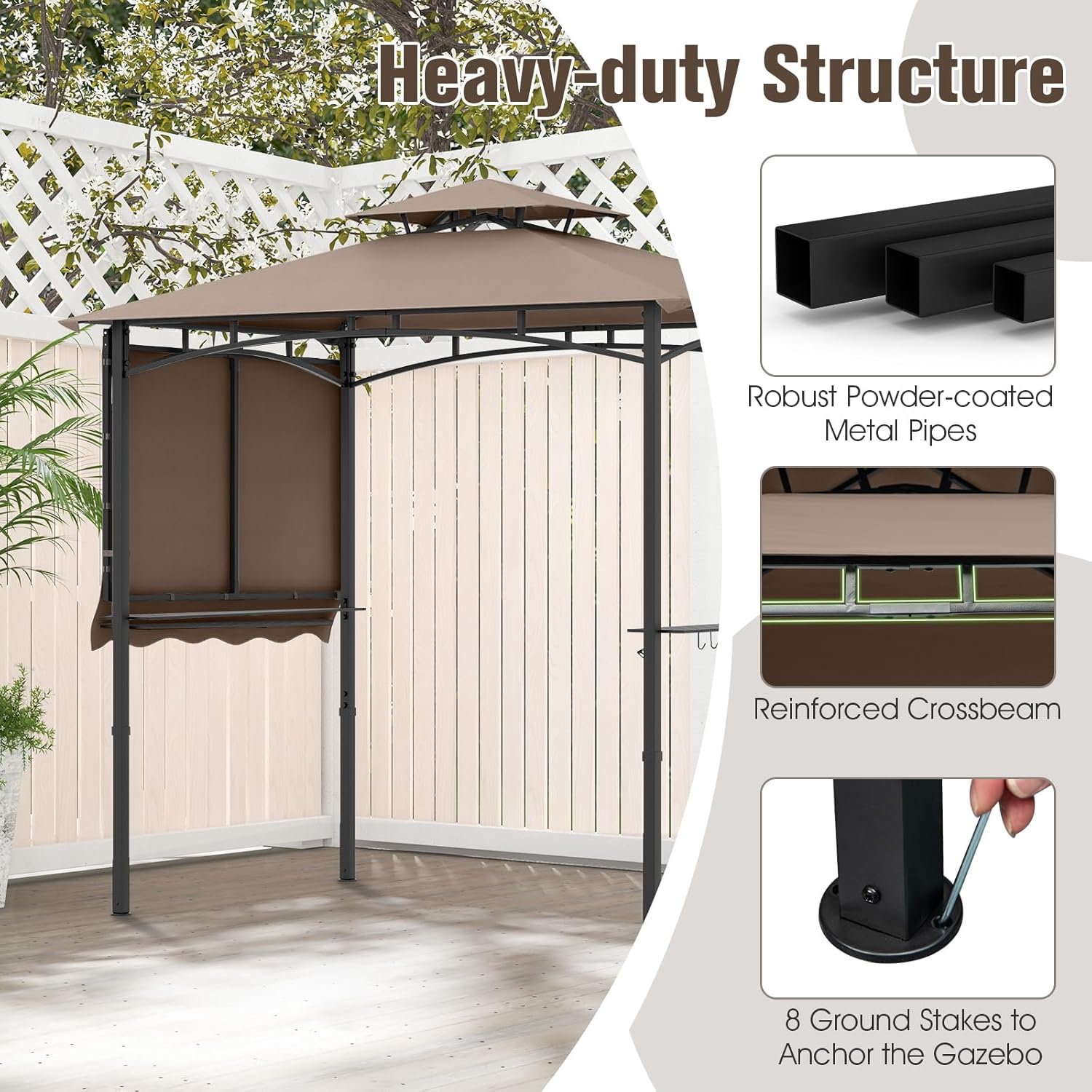 GOPLUS Tonnelle pour Barbecue avec Auvent Latéral, Abri Barbecue Extérieur avec Dessus à 2 Niveaux, Crochets, Décapsuleur, Dessus Souple, pour Jardin, Cour (242+84x153x250CM|Brun)