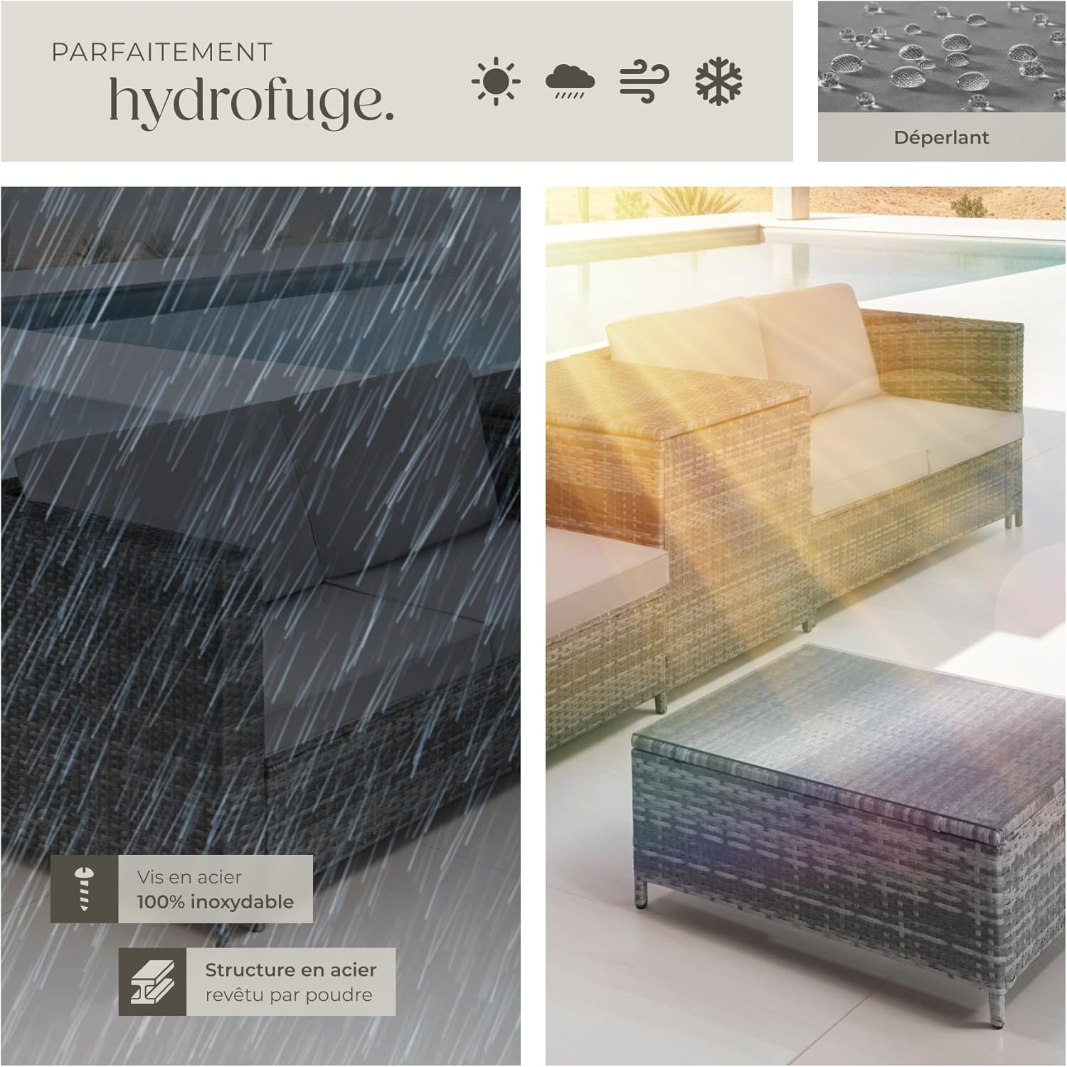 tectake - salon de jardin poly rotin 4 places, canapés modulables, table verre, coffre rangement