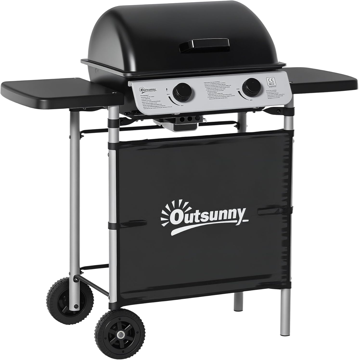 Outsunny - Barbecue gaz 2 brûleurs inox, 2 grilles, 2,8kW, 2 étagères, 2 roues, noir