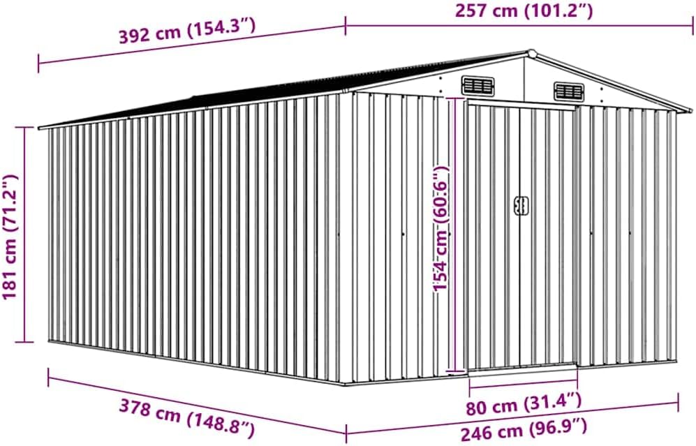 vidaXL - Abri de jardin métal 257x398x178 cm, vert, terrasse et outils