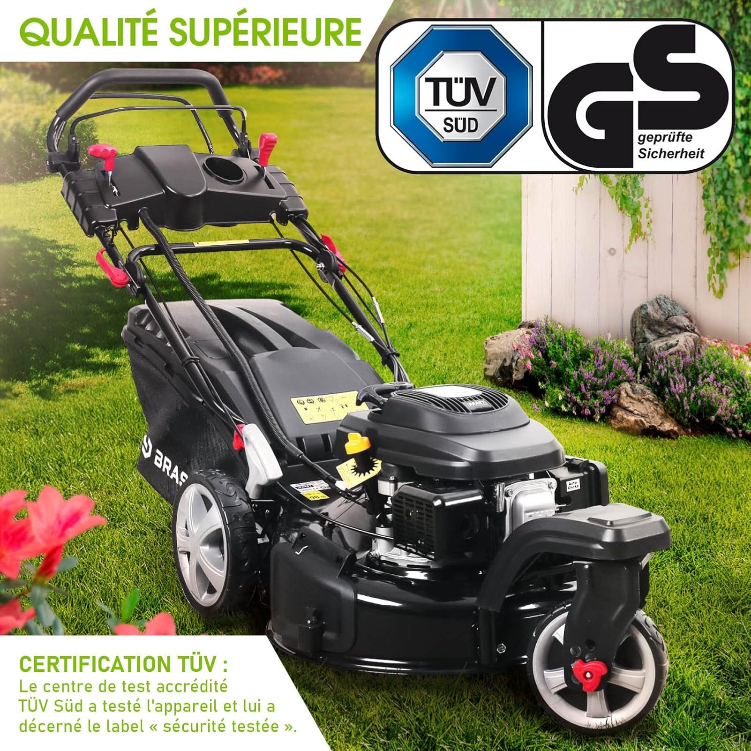 BRAST tondeuse thermique 3 roues TRIKE ESTART SPEED 224cc 53cm tractée démarrage électrique vitesse d'entraînement triple réglable mulching 4en1 capot en tôle en acier 60l - moteur 4 temps reglable