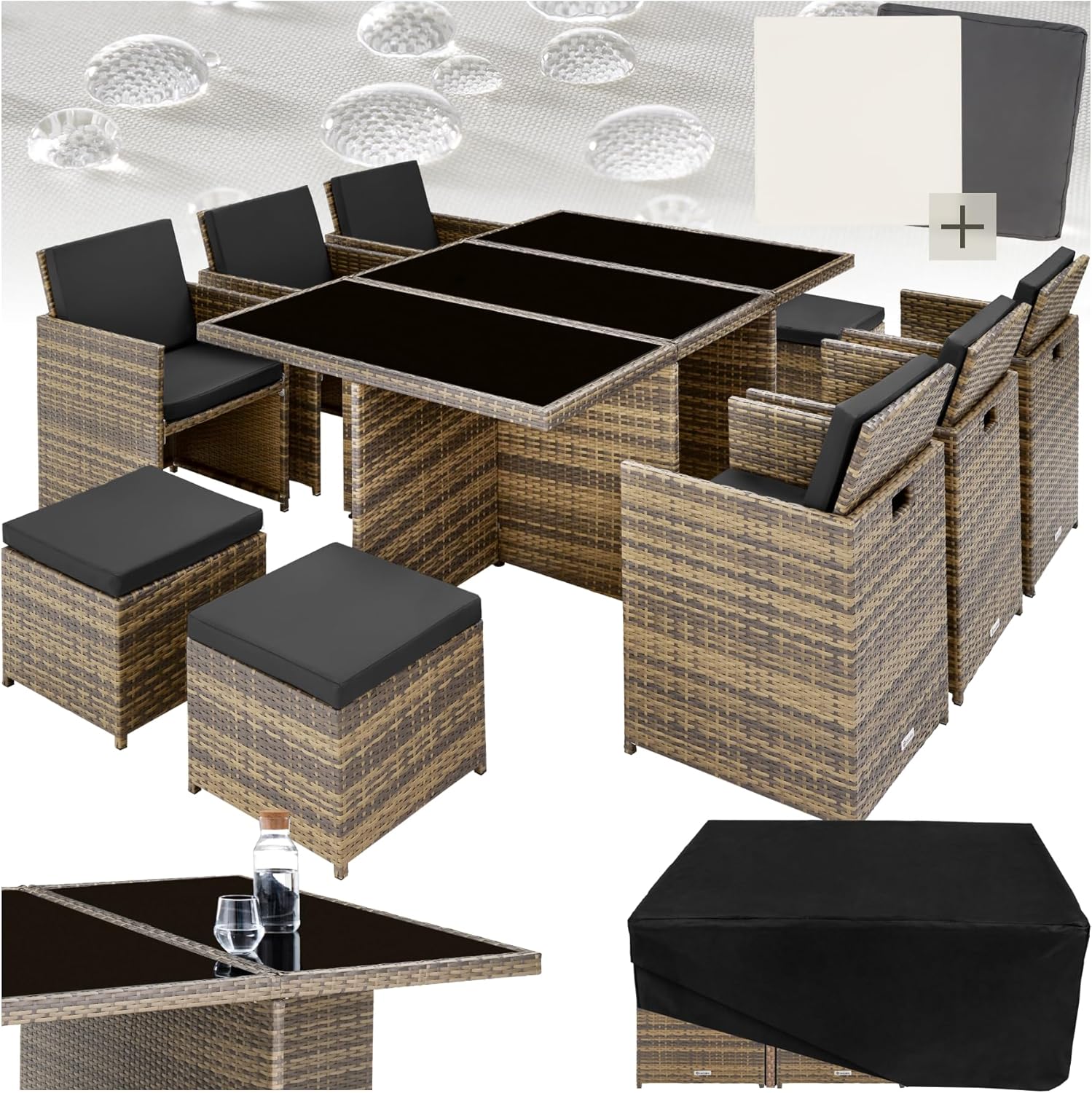 tectake - Salon de jardin résine tressée 10 places - Aluminium, housses et protection, Marron naturel