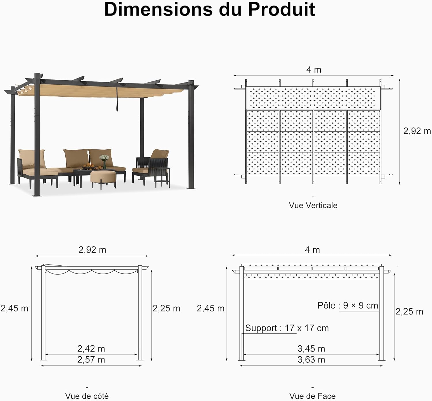 PURPLE LEAF - Pergola Kaki - 4x3m aluminium, toit rétractable, imperméable
