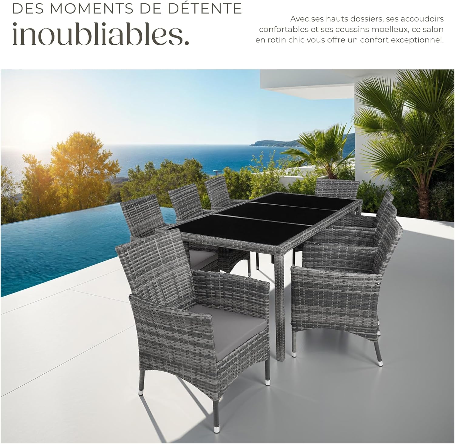 tectake - Salon de Jardin Poly Rotin 8 fauteuils, housse protection, dimensions généreuses, gris tacheté -