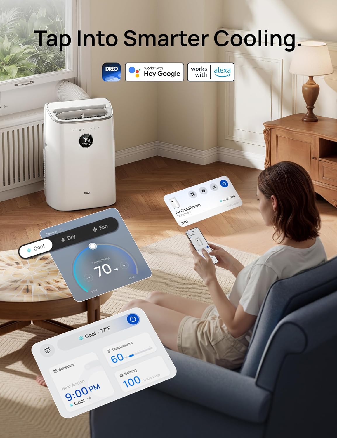 Dreo Portable Air Conditioners, AC Unit for Bedroom with Drainage-free Cooling, 46dB Quiet, APP/Voice/Remote, 24h Timer with Fan & Dehumidifier, Smart Air Conditioner for Room Indoors
