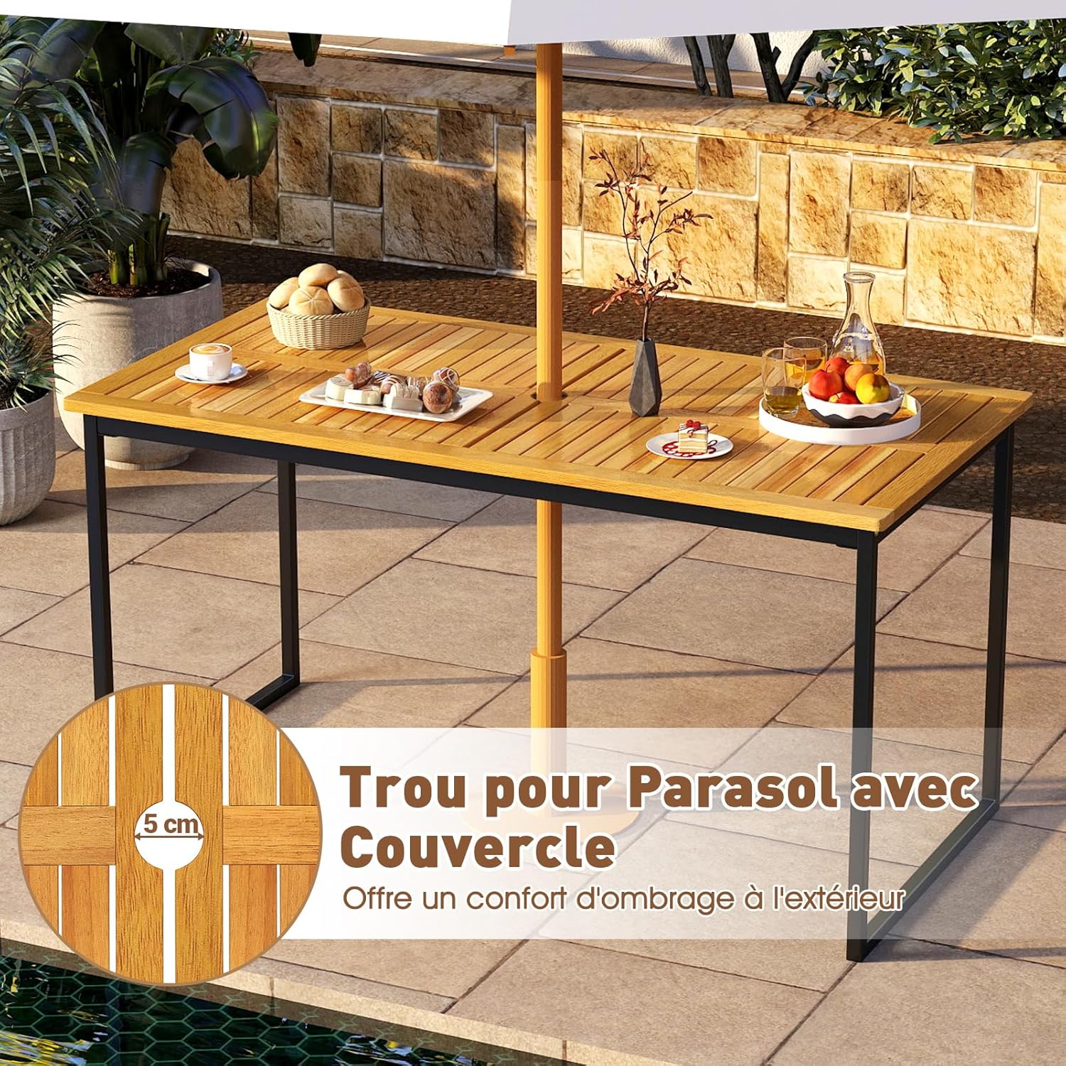 COSTWAY - Table de jardin 140cm, bois d’acacia, métal, trou parasol