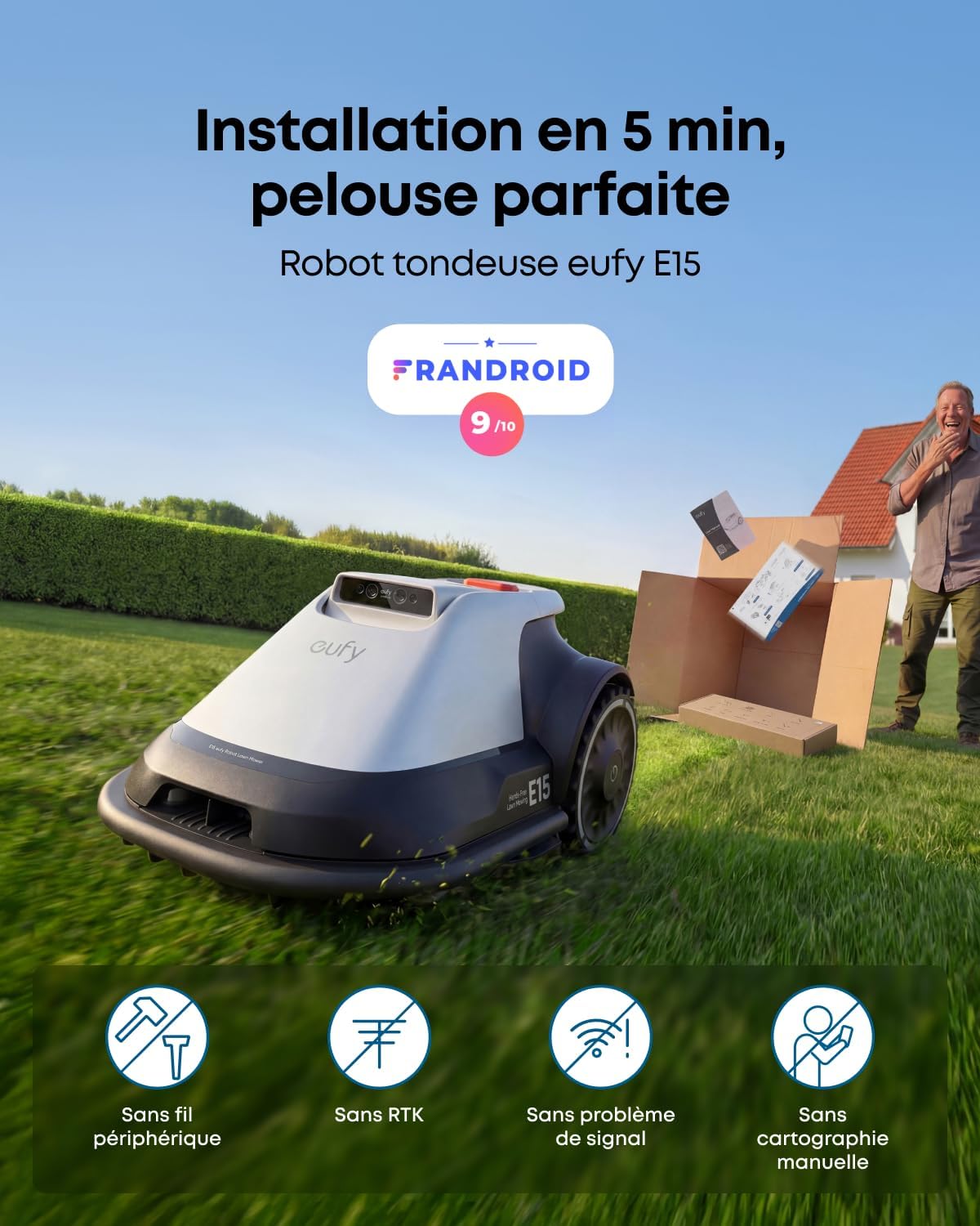 eufy - E15 Robot Tondeuse - 800 m² - sans fil, cartographie smart, contourne obstacles, installation rapide, E15