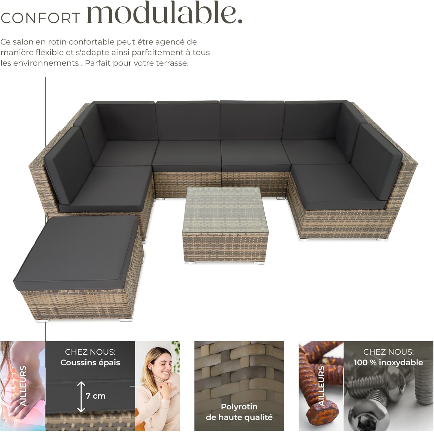 tectake - salon modulable rotin 6 fauteuils 1 table marron naturel