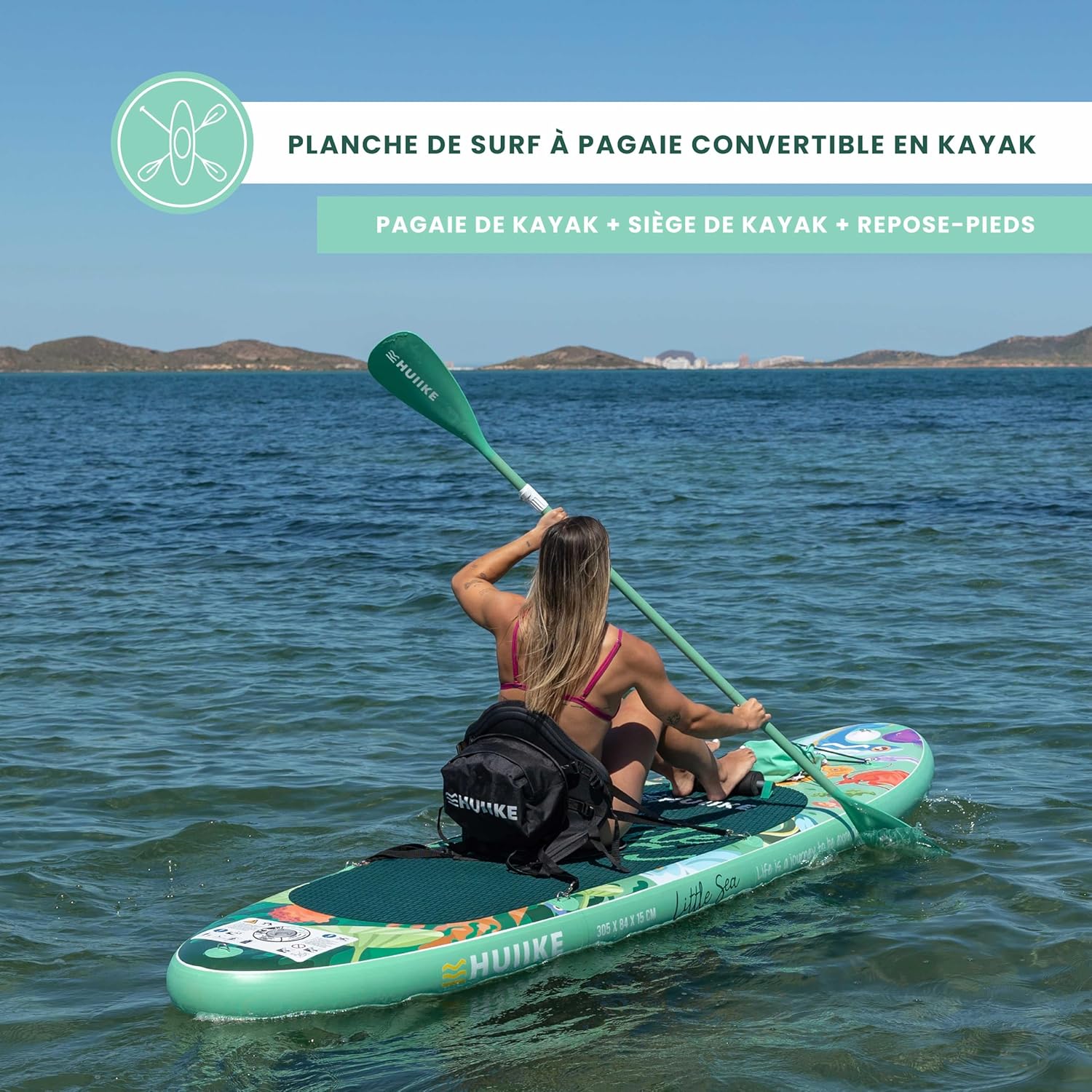 HUIIKE Paddle Gonflable Adulte avec Accessoires Inclus, Pagaie, Ailerons, Pompe. Planche de Stand Up Paddle Grande Stabilité et Résistance. 305 x 84 x 15 cm, Jusqu'à 130 kg