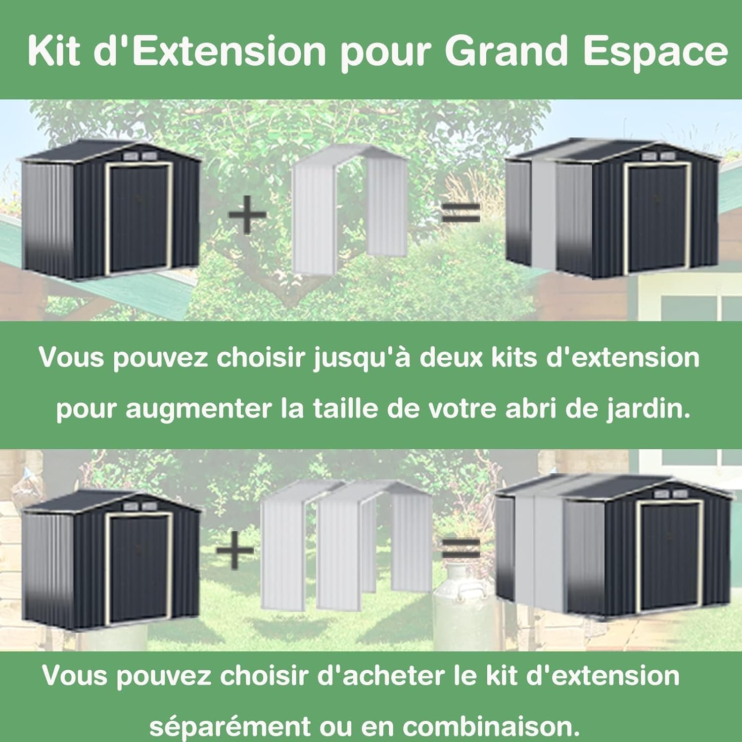 RELAX4LIFE Abri de Jardin Métal 7m2 avec Abri d'Extension Porte Coulissante, Cabane de Jardin Extérieur 267x256x202cm Outils de Jardin résistant aux intempéries, KX7177KV+FR