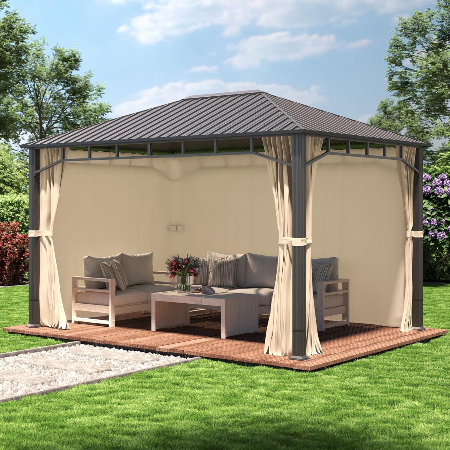 TOOLPORT - Tonnelle Jardin Série Toit Acier - 3x4 m - 4 parois Champagne