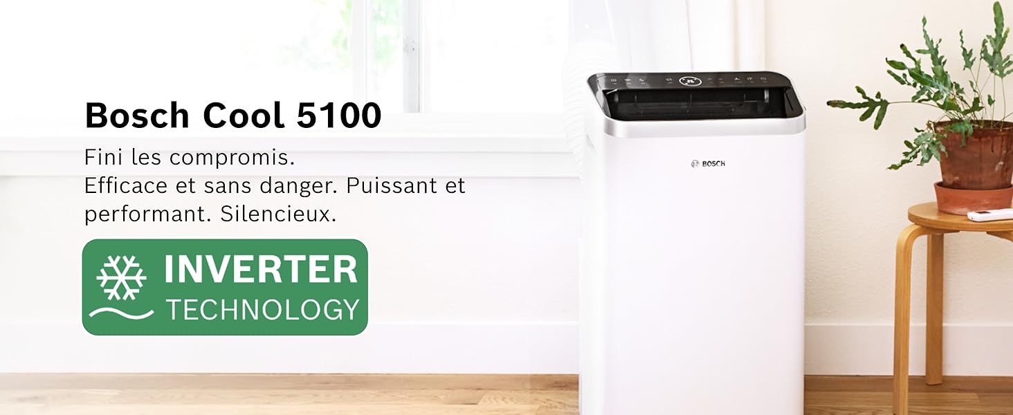 Le texte indique « Bosch Cool 5100 » et « INVERTER TECHNOLOGY ». Montre une unité de climatisation blanche accrochée au mur avec une décoration végétale à proximité.