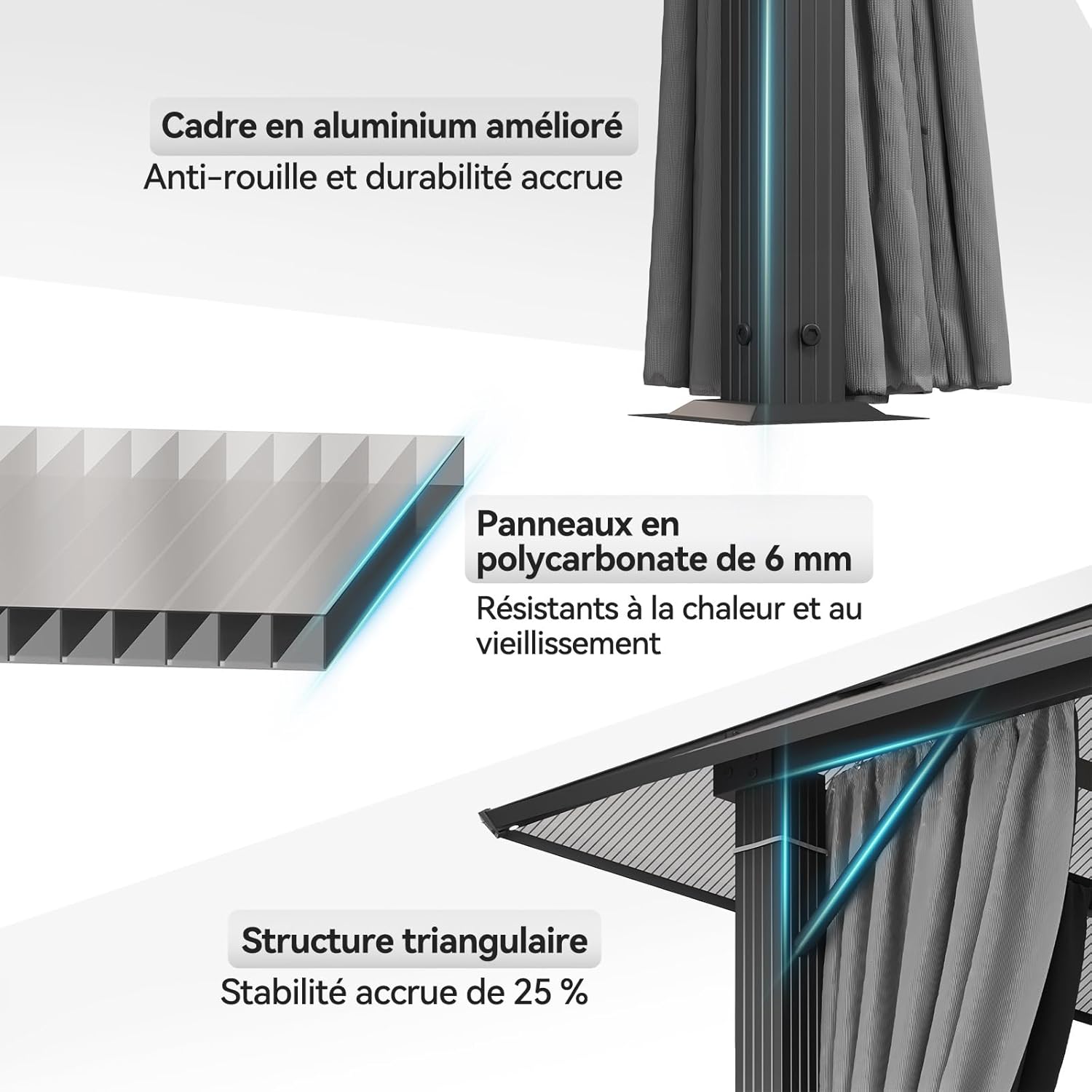 Devoko - Tonnelle de jardin - 3x3m - aluminium, toit fixe, LED, imperméable