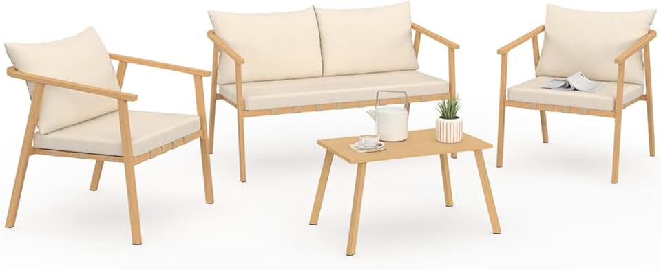 IDMarket - Malta salon bas 4 places métal bois coussins beiges