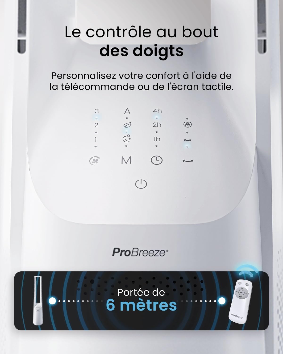 Pro Breeze - Ventilateur Tour WiFi Intelligent 101cm - Silencieux, LED, télécommande, 6 vitesses, oscillation
