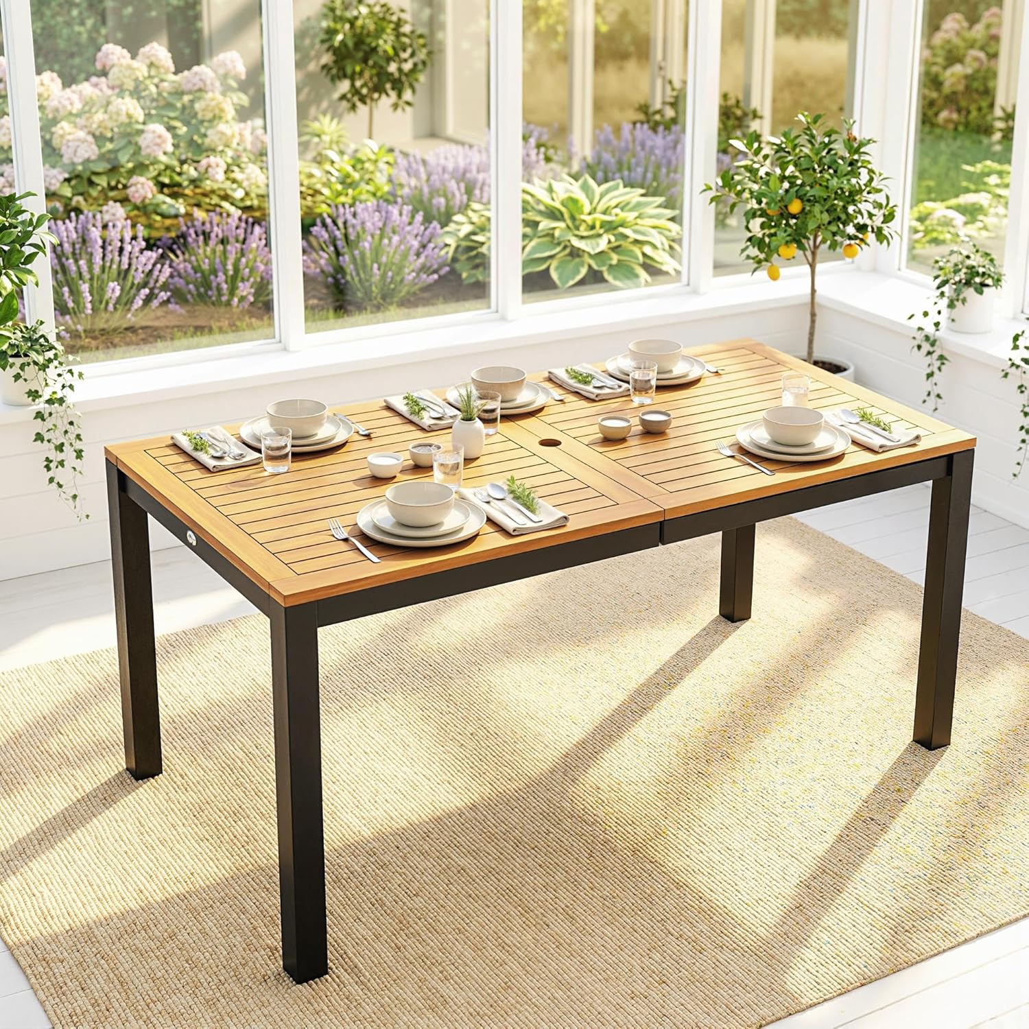 Outsunny - Table de jardin rectangulaire 150x75x75 cm - bois acacia, 6 places, trou parasol, 80 kg