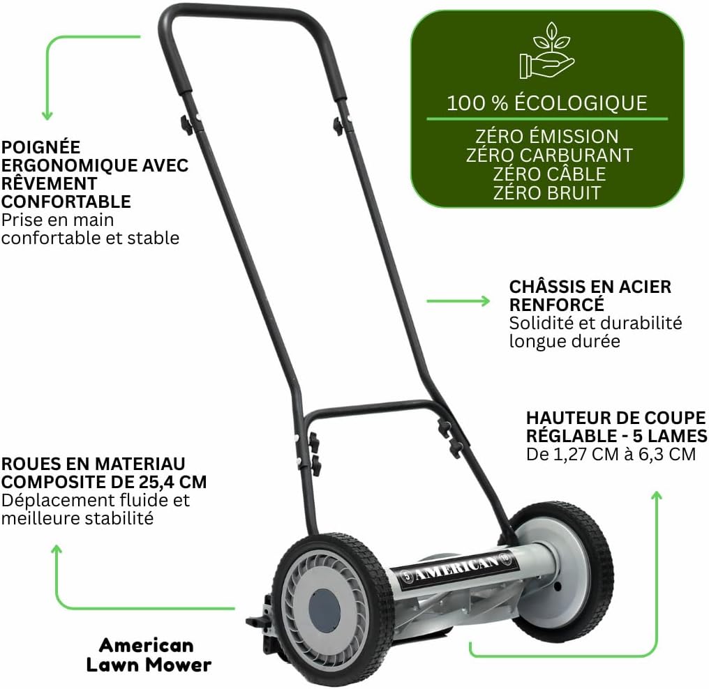 VENTEO - Tondeuse Hélicoïdale 5 lames 45cm réglable, silencieuse
