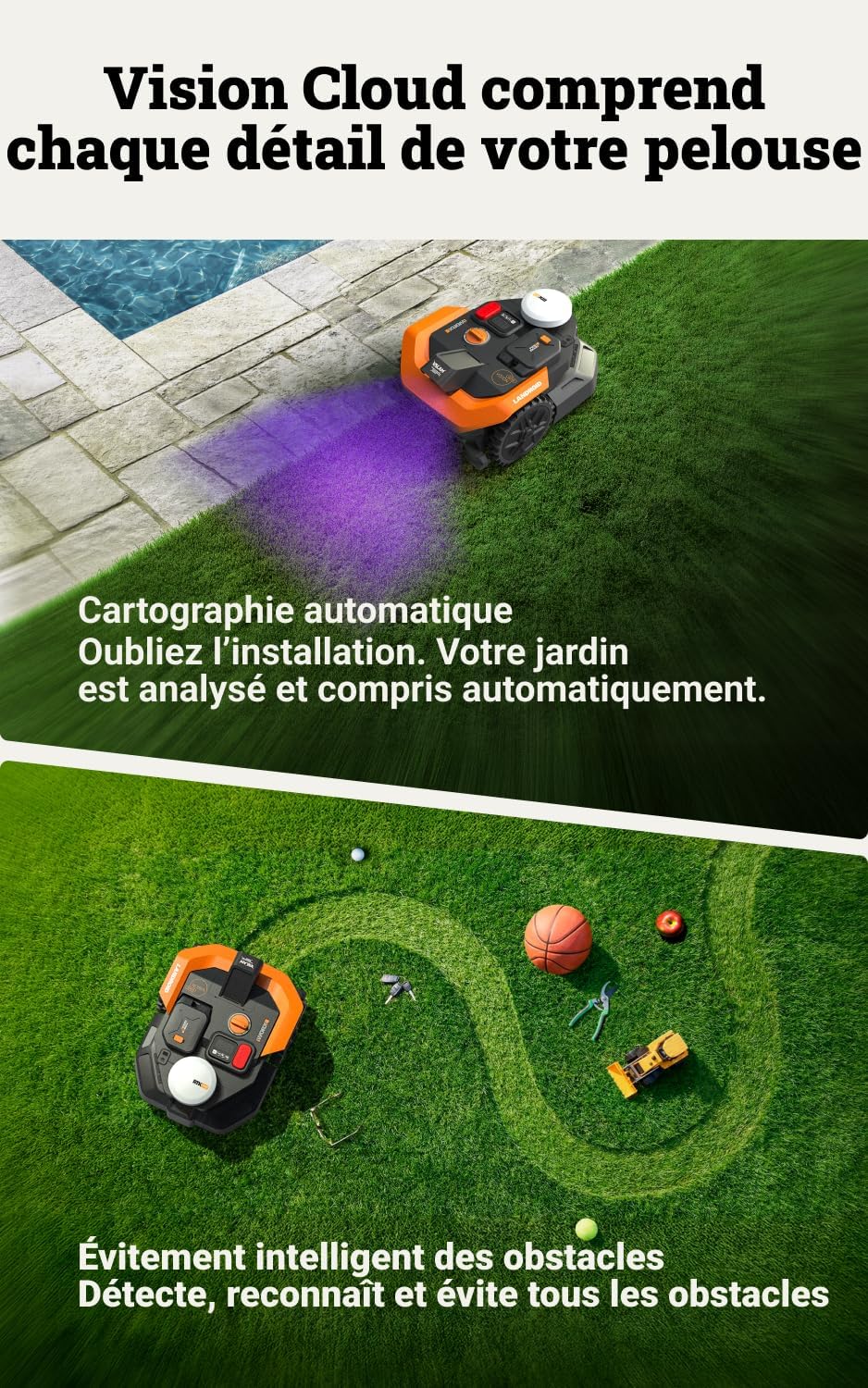 WORX - Tondeuse robot Vision Cloud 2WD - 500m², IA, VSLAM+RTK, appli - WR305E