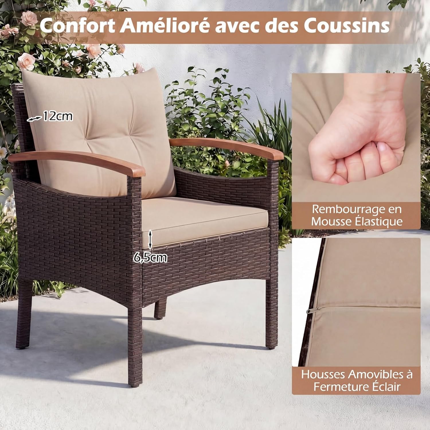 Salon de Jardin COSTWAY - 5 pièces en Rotin Jaune Terre - 2 fauteuils, 2 ottomans, table acacia, coussins amovibles - 14
