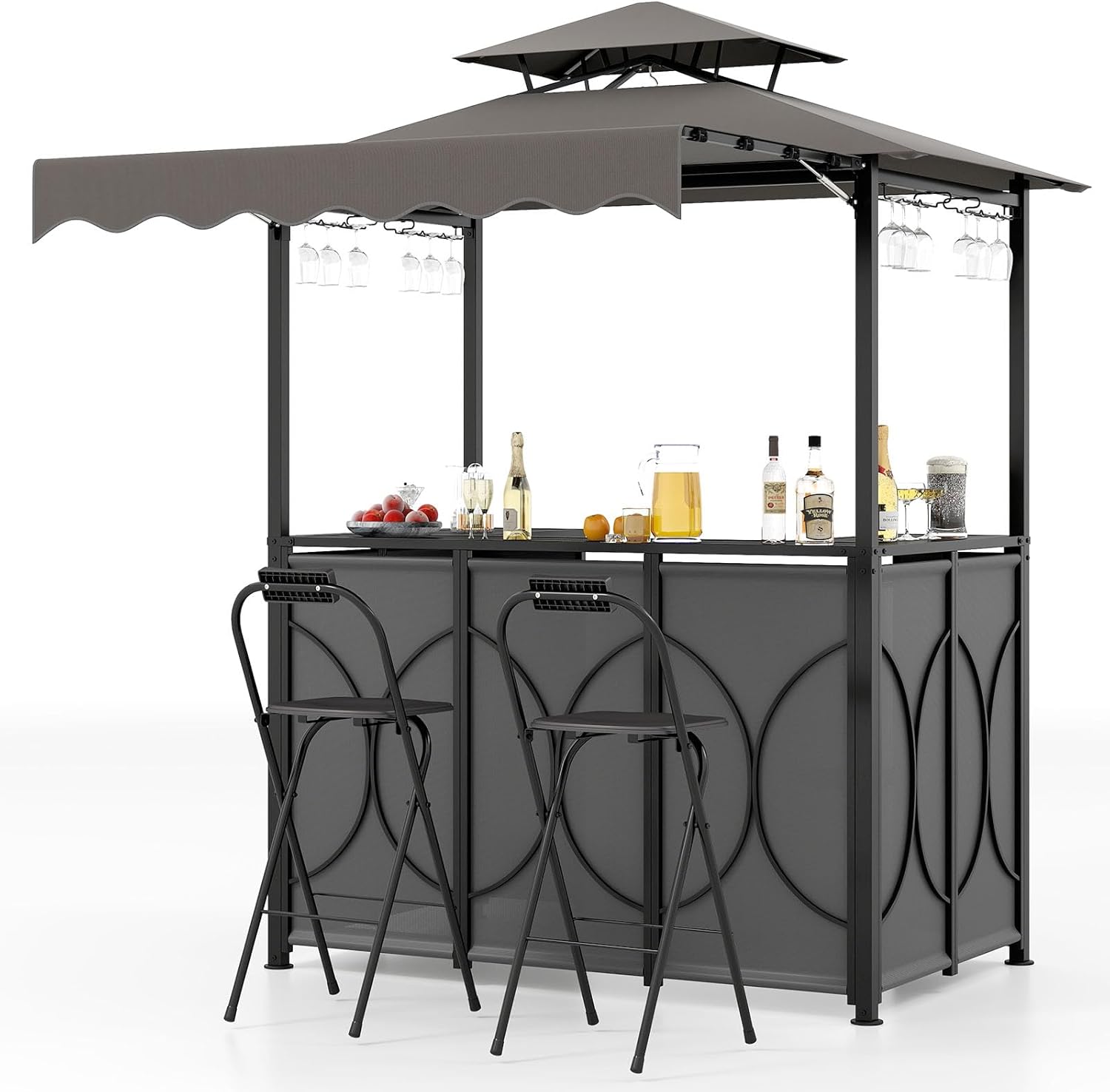 COSTWAY - Tonnelle barbecue 3 pcs - table/bar étagères métal, chaises pliables, auvent double toit, gris
