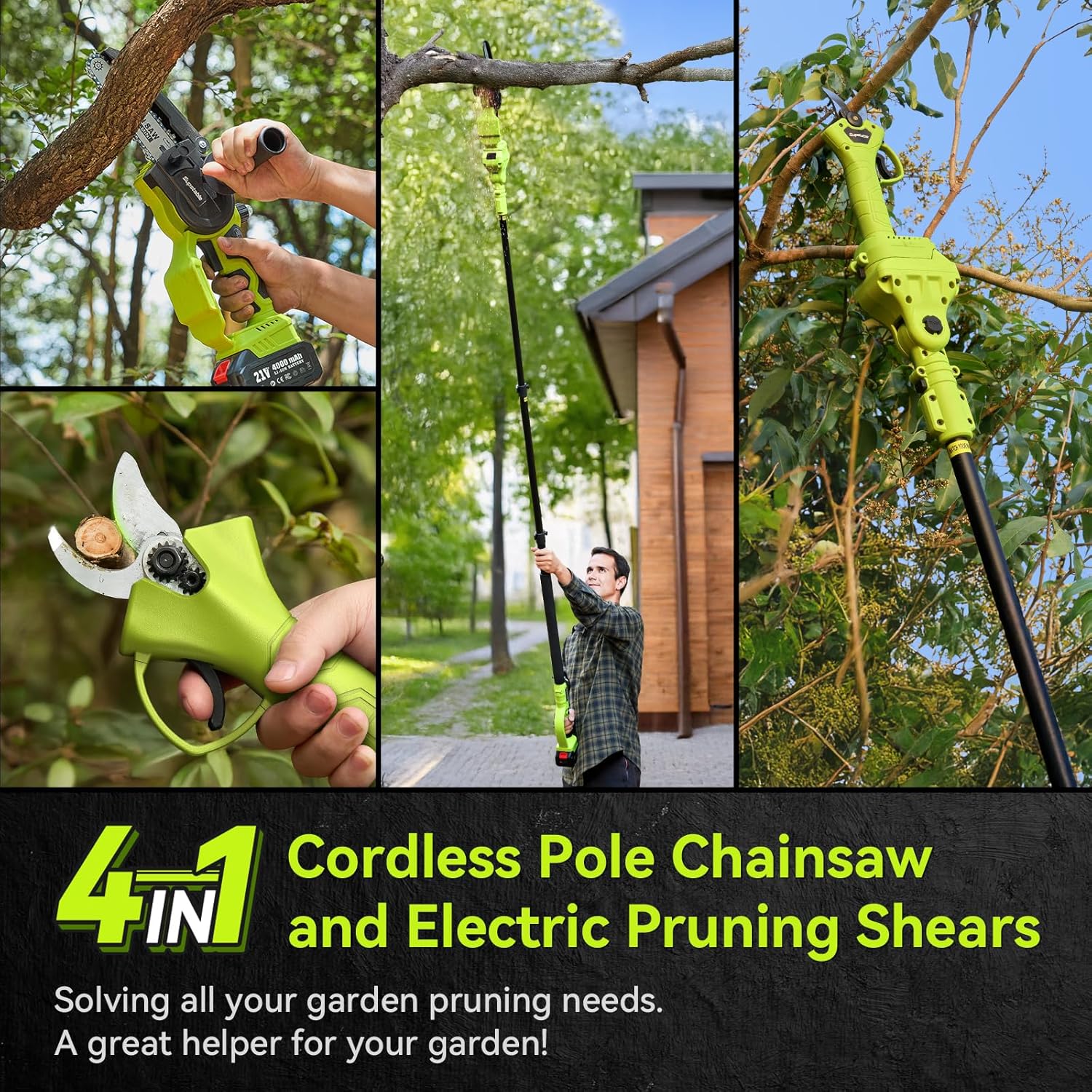 Supstable Mini Tronconneuse avec Perche 6 Pouces & Secateur Electrique Telescopique 33 mm, 4 en 1 Élagueuse sur Perche avec 2 * 4000 mAh Batteries, Portée Maximale 4,6 m