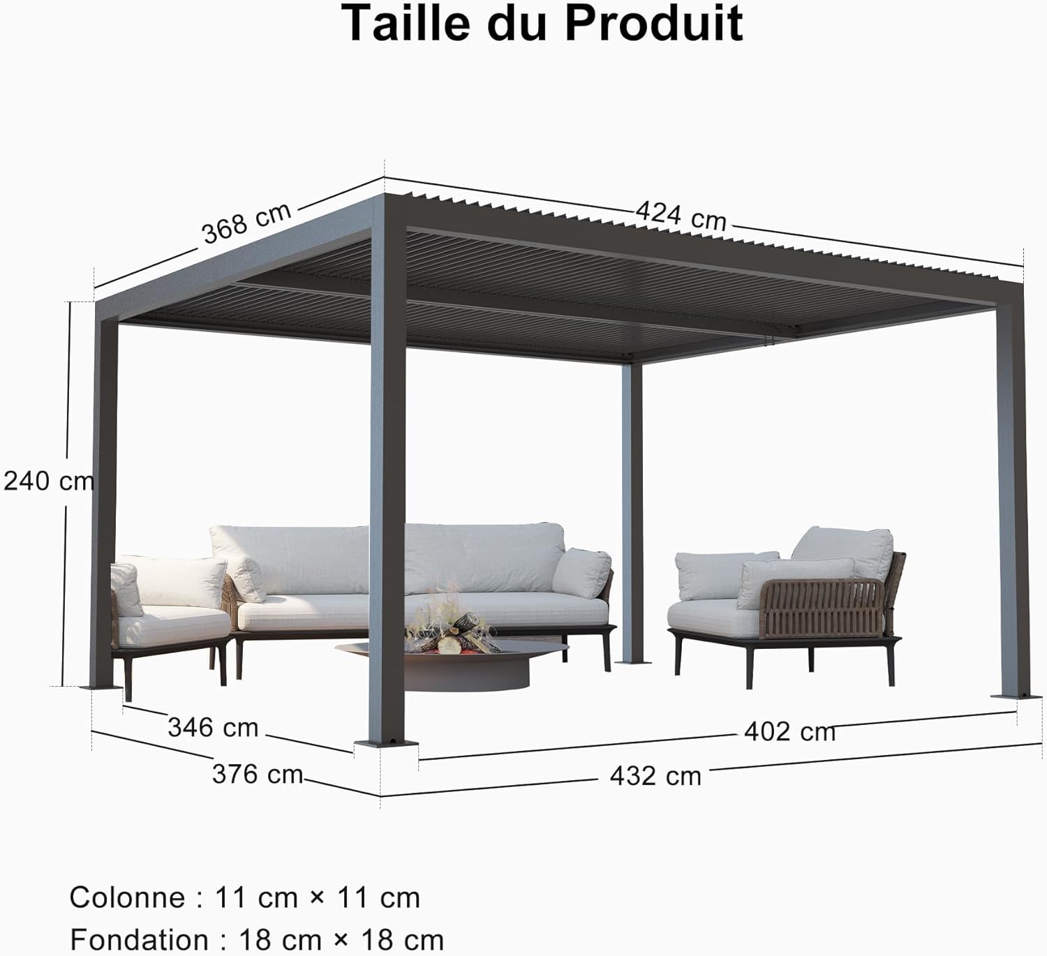 PURPLE LEAF - Pergola bioclimatique aluminium 4,8x3,68m, LED, lames orientables
