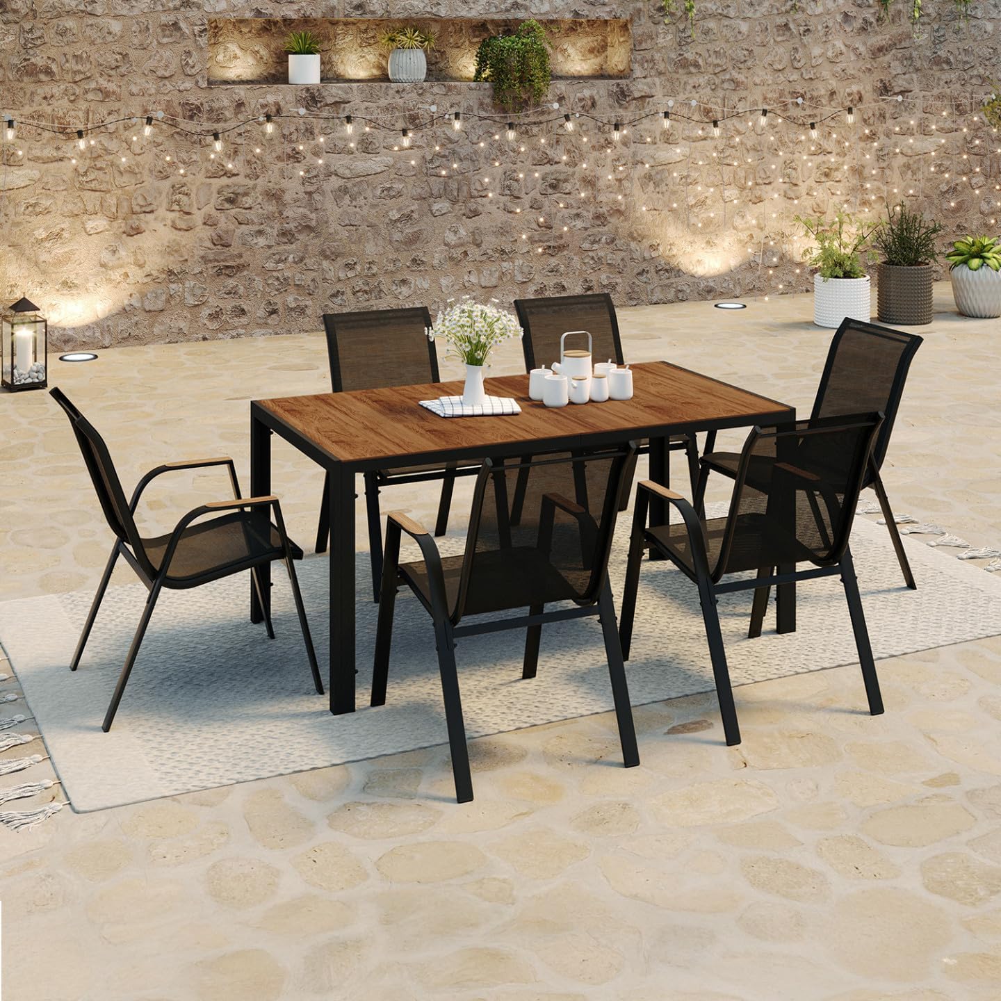 IDMarket - Salon de jardin NOUMEA - 150 cm - plateau verre/bois, 6 chaises