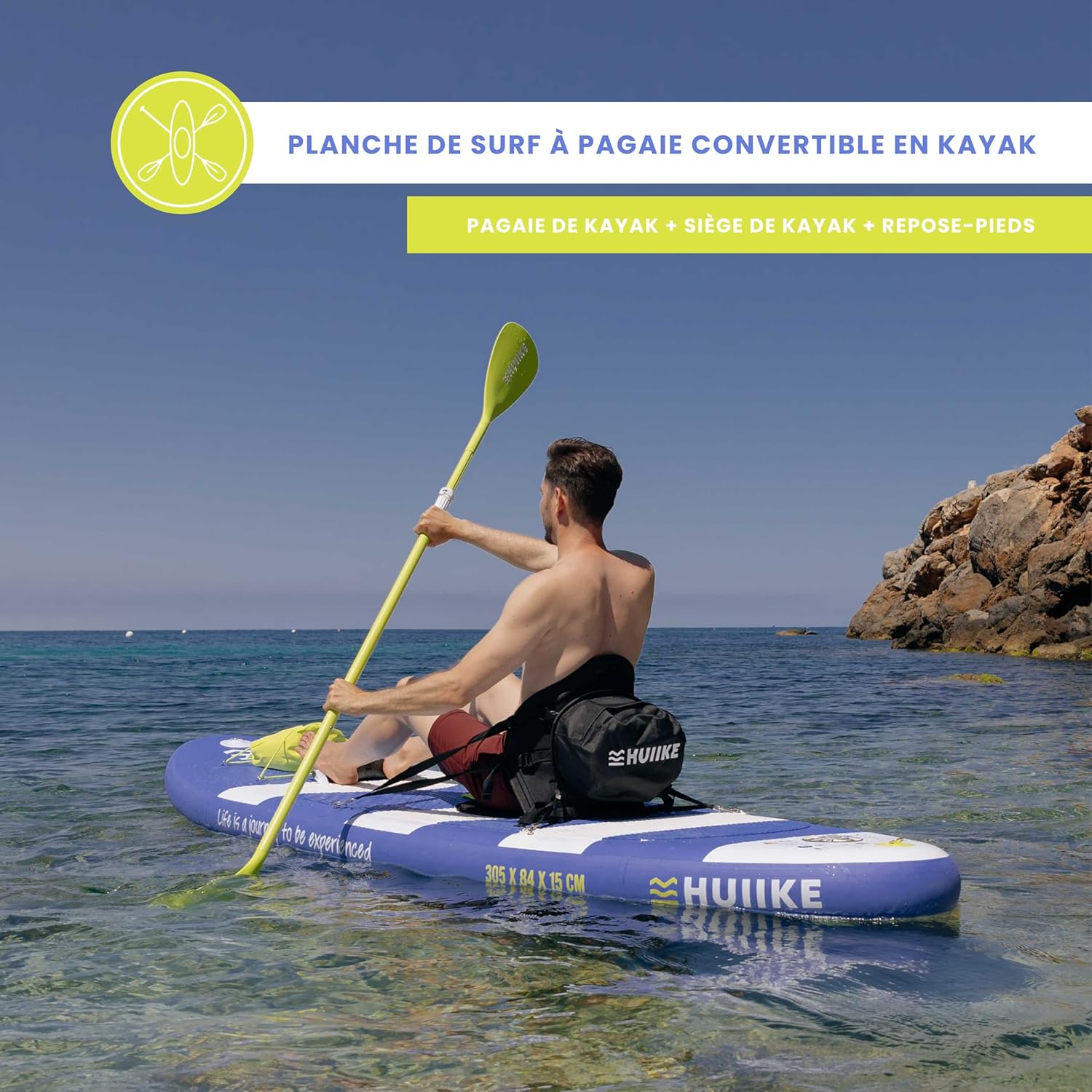 HUIIKE Paddle Gonflable Adulte avec Accessoires Inclus, Pagaie, Ailerons, Pompe. Planche de Stand Up Paddle Grande Stabilité et Résistance. 305 x 84 x 15 cm, Jusqu'à 130 kg