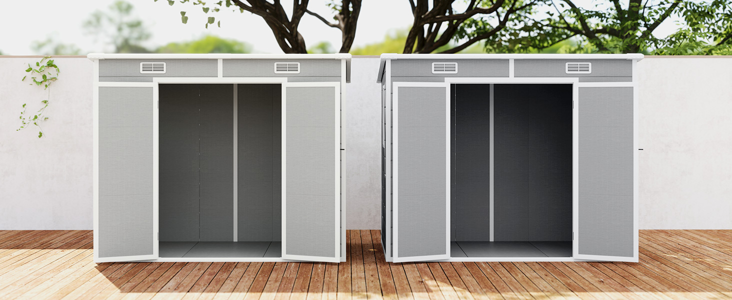 Deux unités de rangement ou armoires modulaires blanches identiques à portes coulissantes, positionnées côte à côte sur un patio ou une terrasse extérieure.