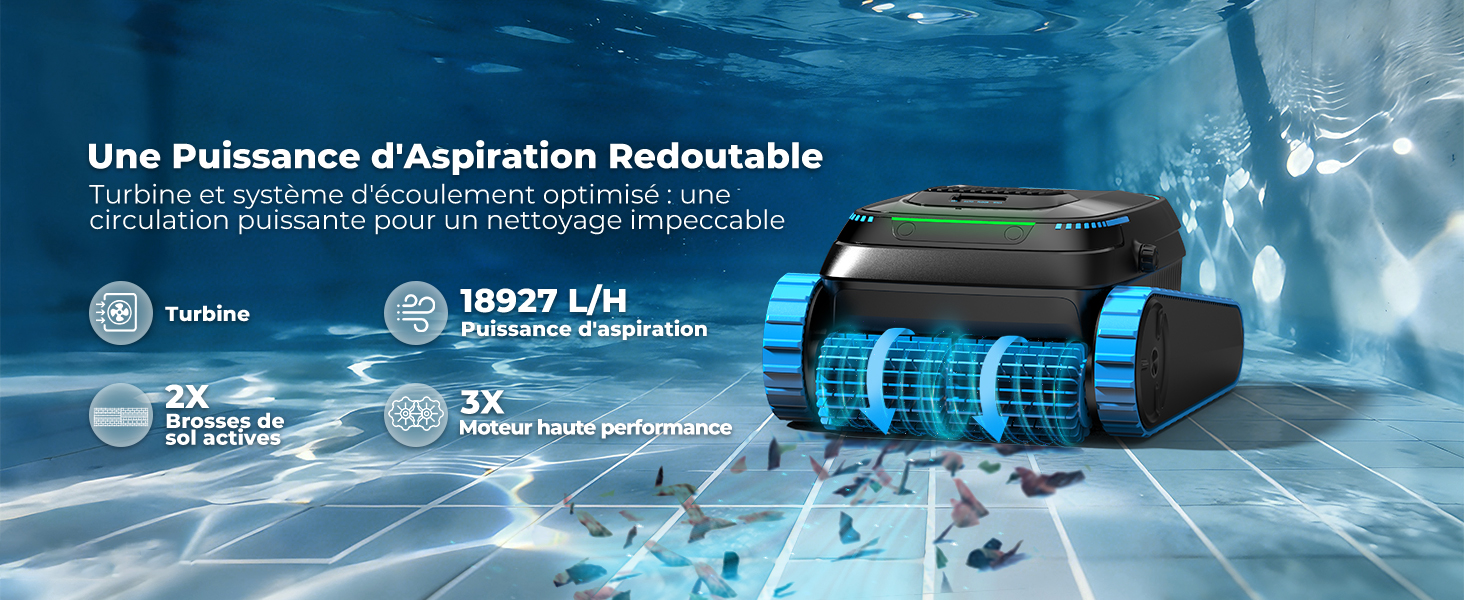 Le texte se lit comme suit : « Une puissance d'aspiration redoutable ». L'image du produit montre un aspirateur robotique bleu et noir avec des spécifications techniques sur fond d'eau dynamique.