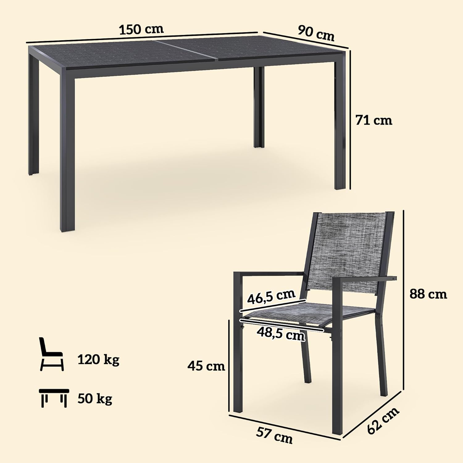 Outsunny - Salon de jardin 7 pièces - 150 cm - acier, 6 chaises empilables