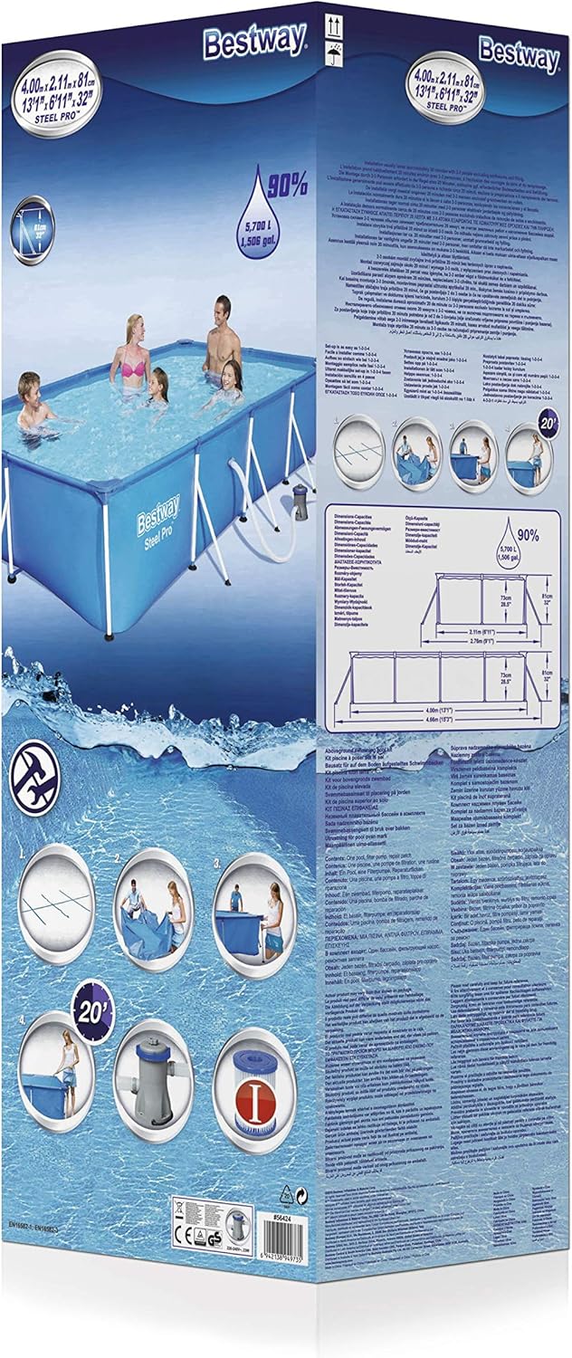 Bestway – Steel Pro – Piscine rectangulaire pour Enfant – avec Cadre en Acier et Pompe filtrante Piscine pour Enfant. 400 x 211 x 81 cm Bleu