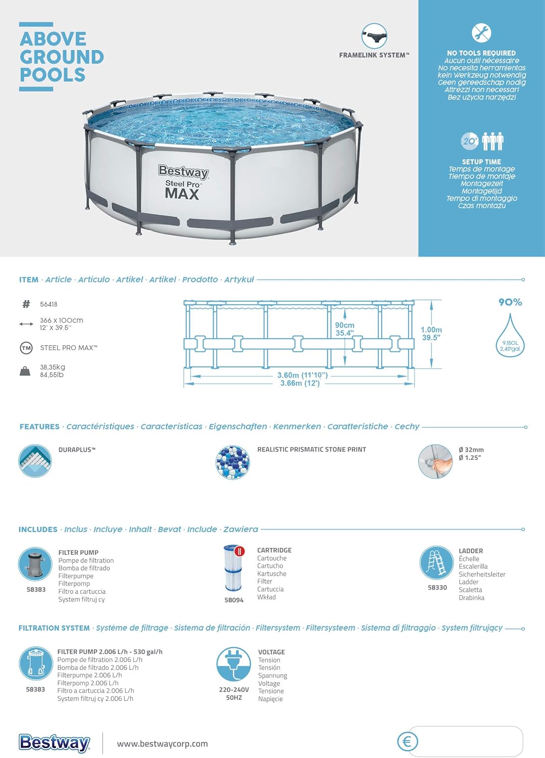 Bestway - Steel Pro Max piscine ronde - 366x100 cm - hors sol, robuste