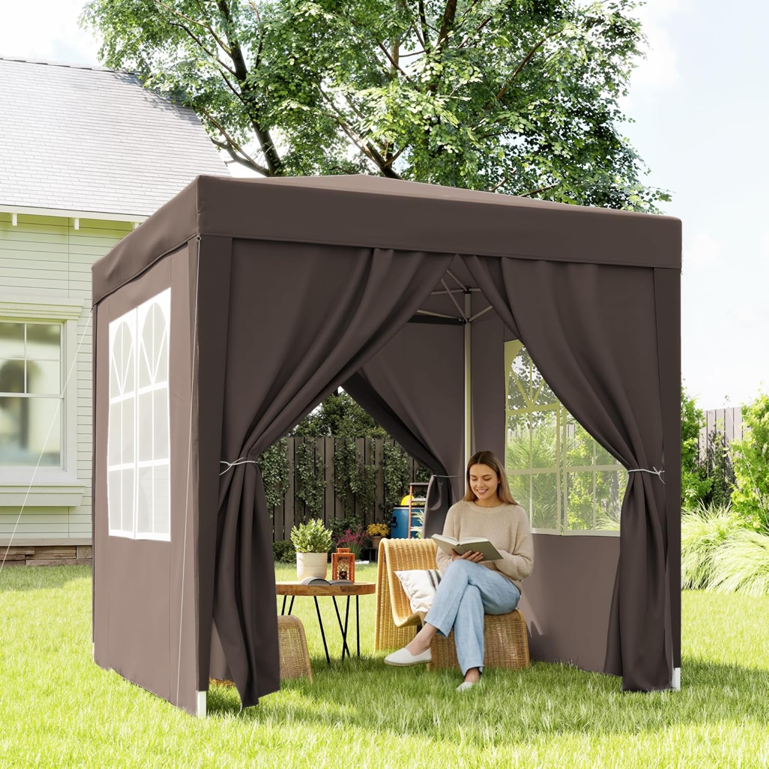 Outsunny - tonnelle pliante jardin 2x2m, hauteur réglable, 4 côtés, marron