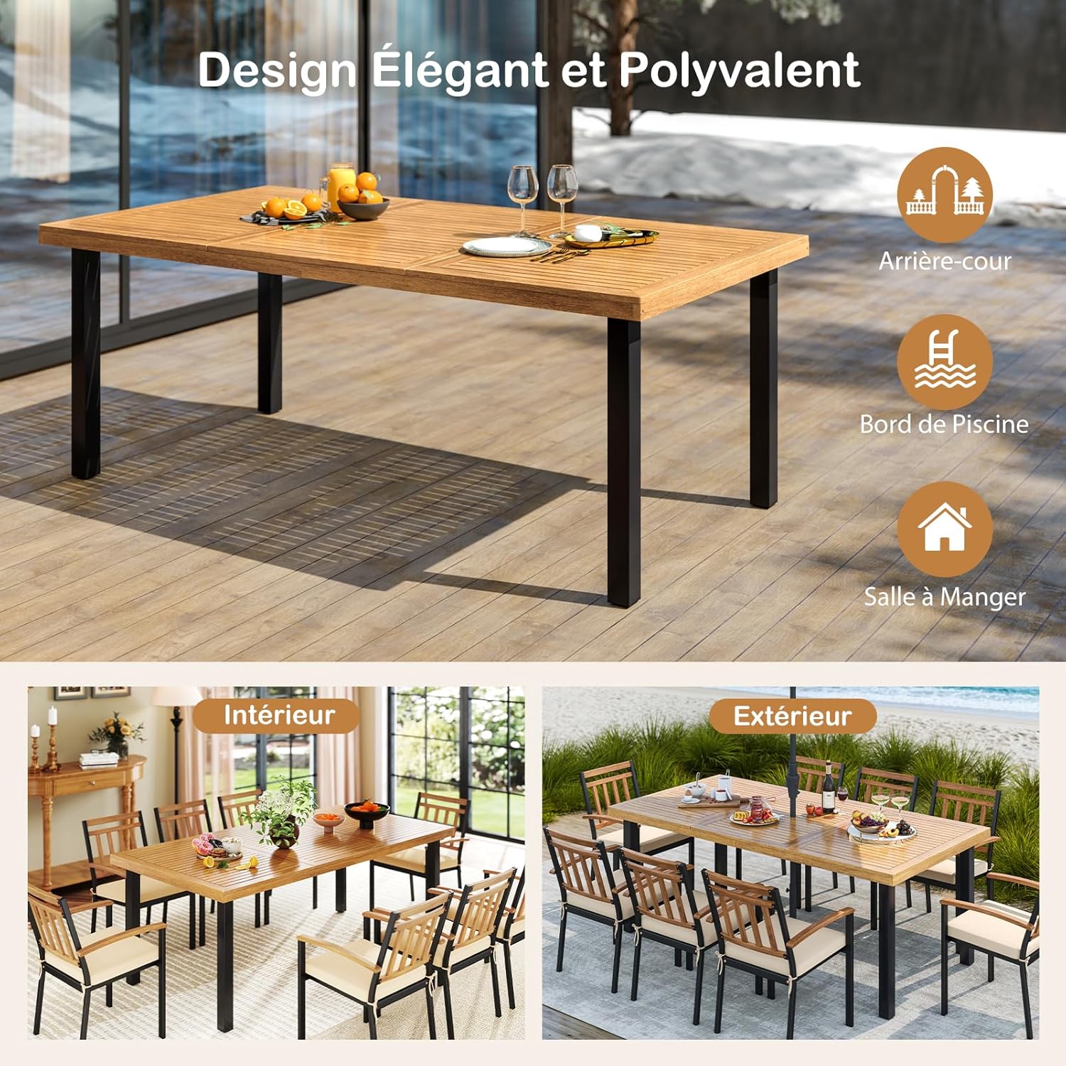 GOPLUS - Table à manger bois FSC 200x100x75cm - 8 pers, trou parasol