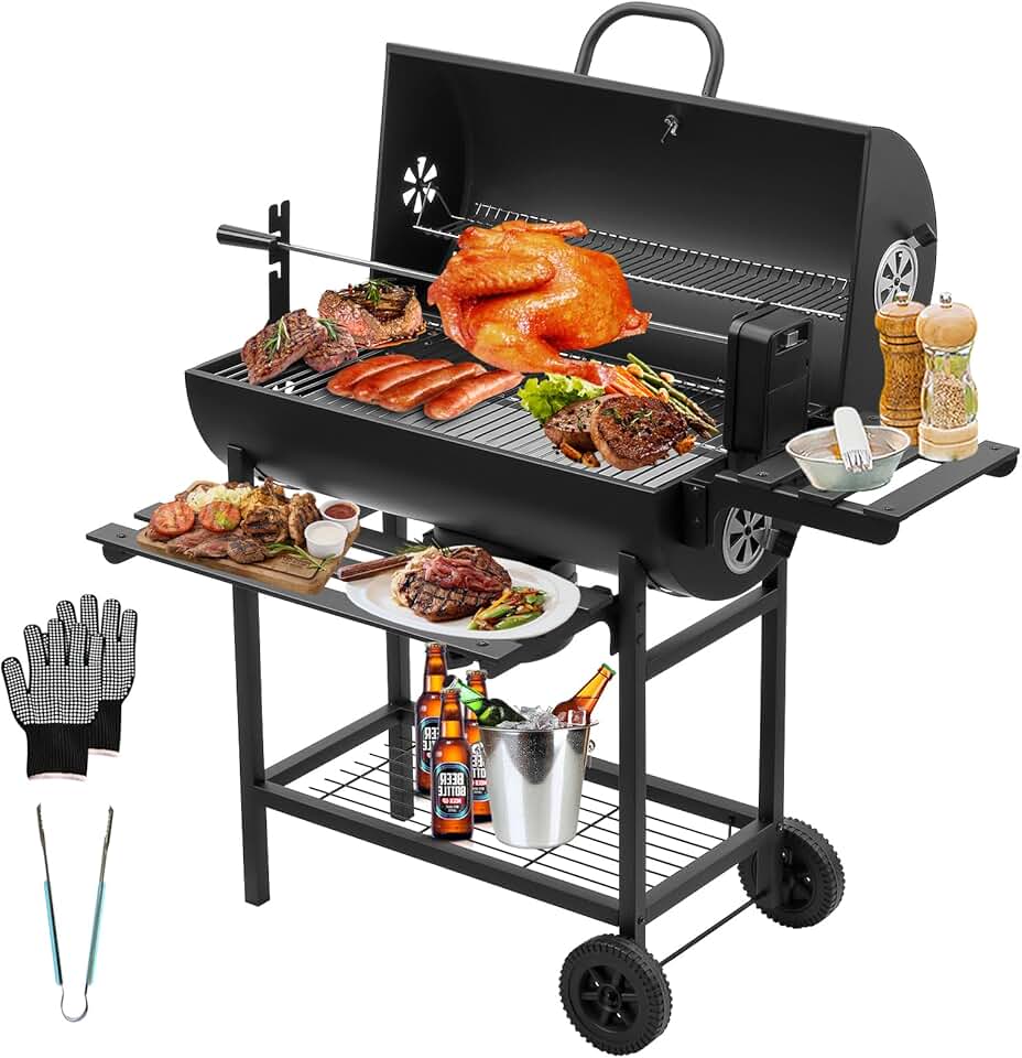 TEENO - Grill XXL - dimensions généreuses - couvercle, thermomètre, tiroir à cendres, gants, évent réglable, grill poule