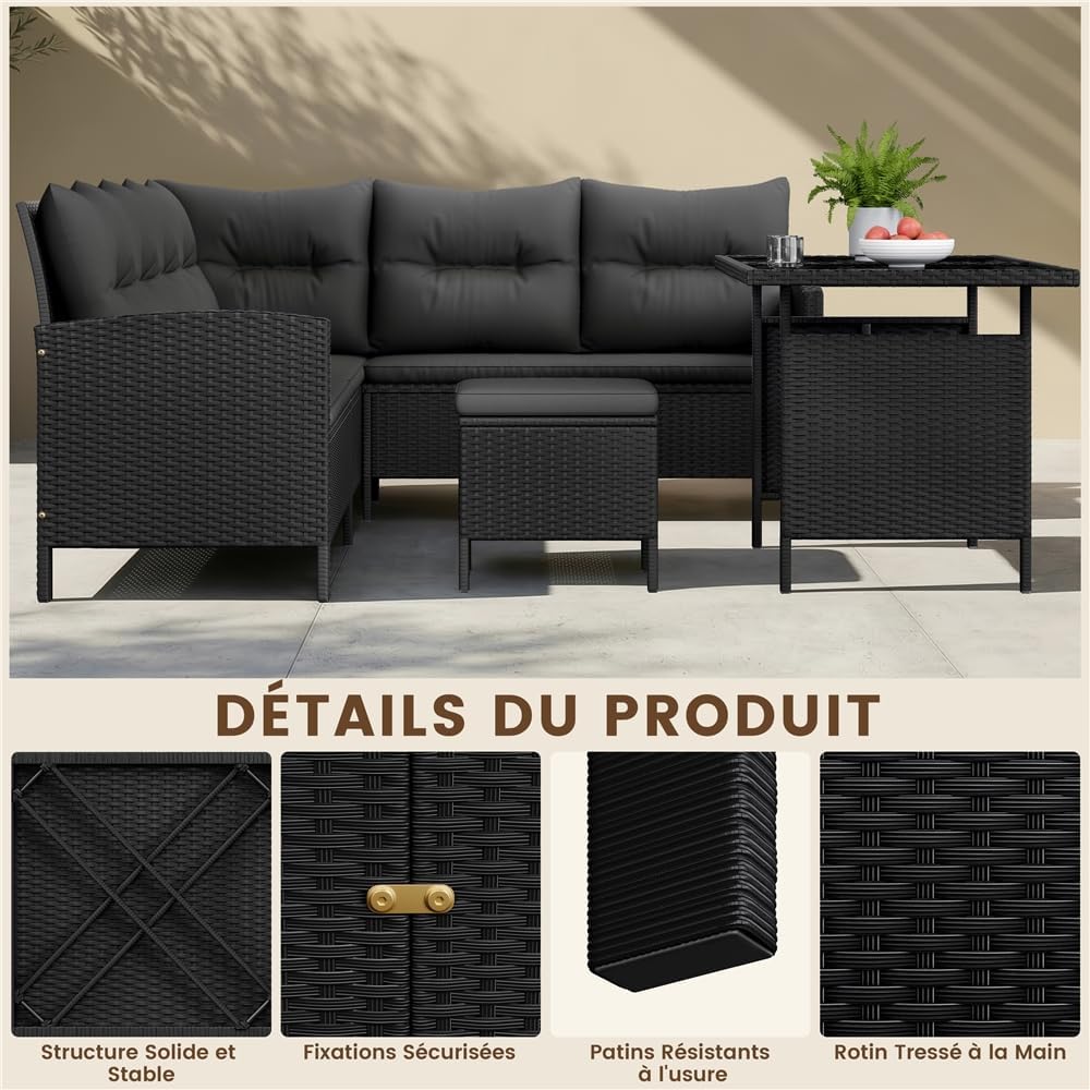 Yaheetech - Salon de jardin 4 pièces - polyrotin, ottomans, table - noir/gris