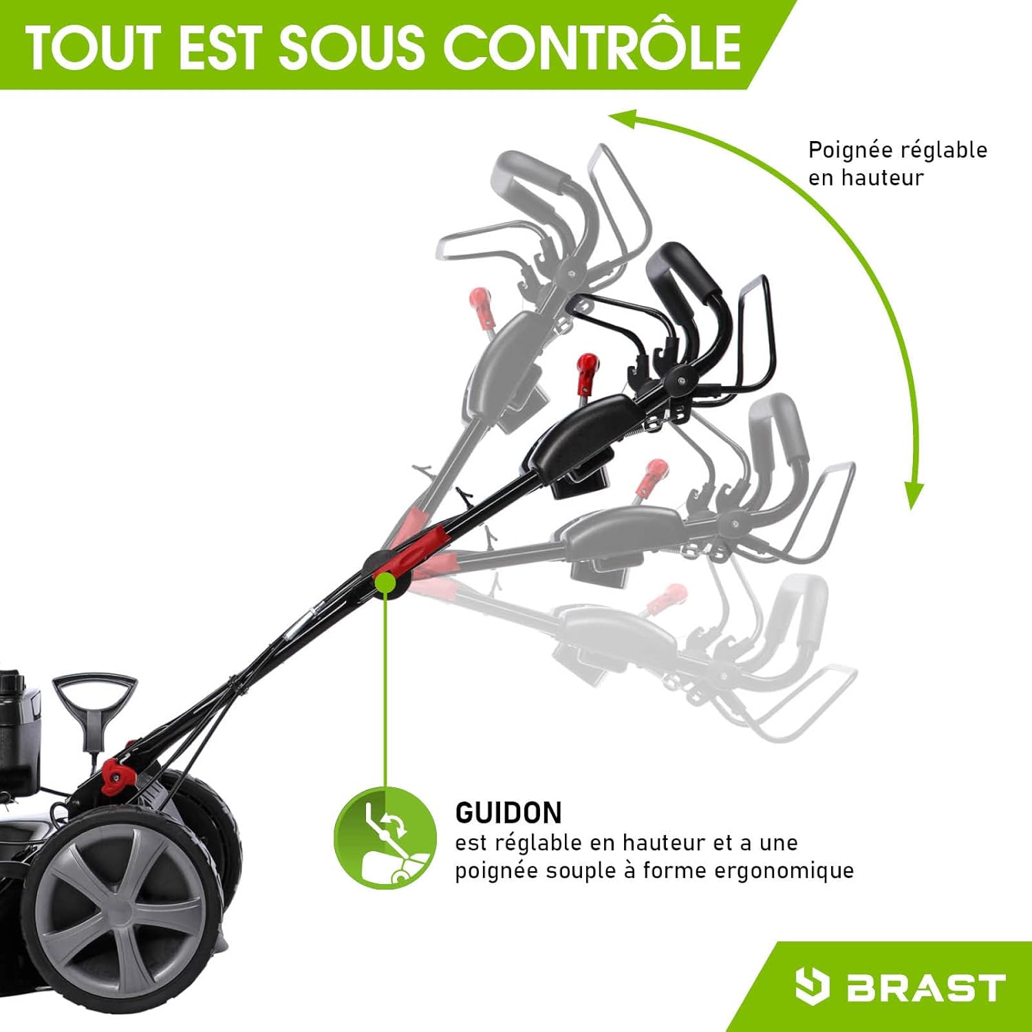 BRAST - tondeuse thermique 3 roues - 53cm, 224cc, 7cv, mulching, 4en1, capot acier, guidon réglable - TRIKE