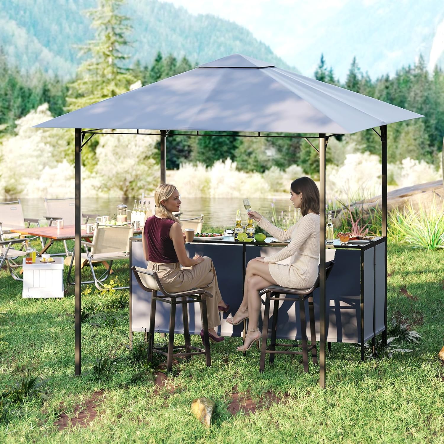 GOPLUS 3 Pcs Abri Barbecue Jardin Exterieur avec Bar Exterieur, Tonnelle Barbecue avec 2 Tabourets Bar, Rangement, Plateau en Verre Trempée,Porte-Verres, en Métal avec Double Toit, 245 x 245 x 243CM