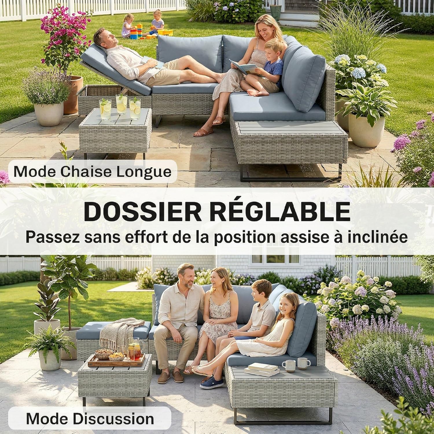 Outsunny - Salon de jardin d'angle 5 places, résine tressée, table composite, méridienne réglable,