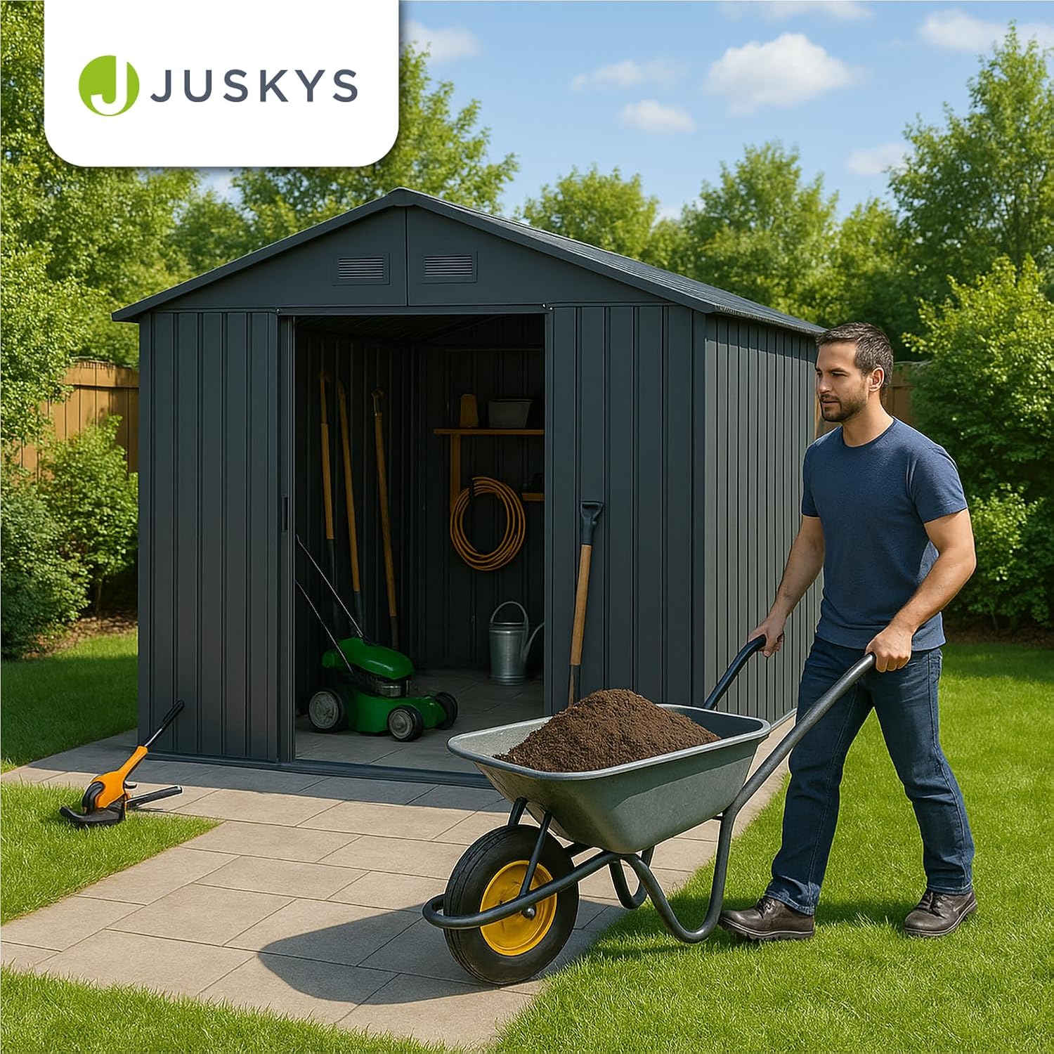 Juskys - abri métallique XL - spacieux, porte coulissante, cadre fondation