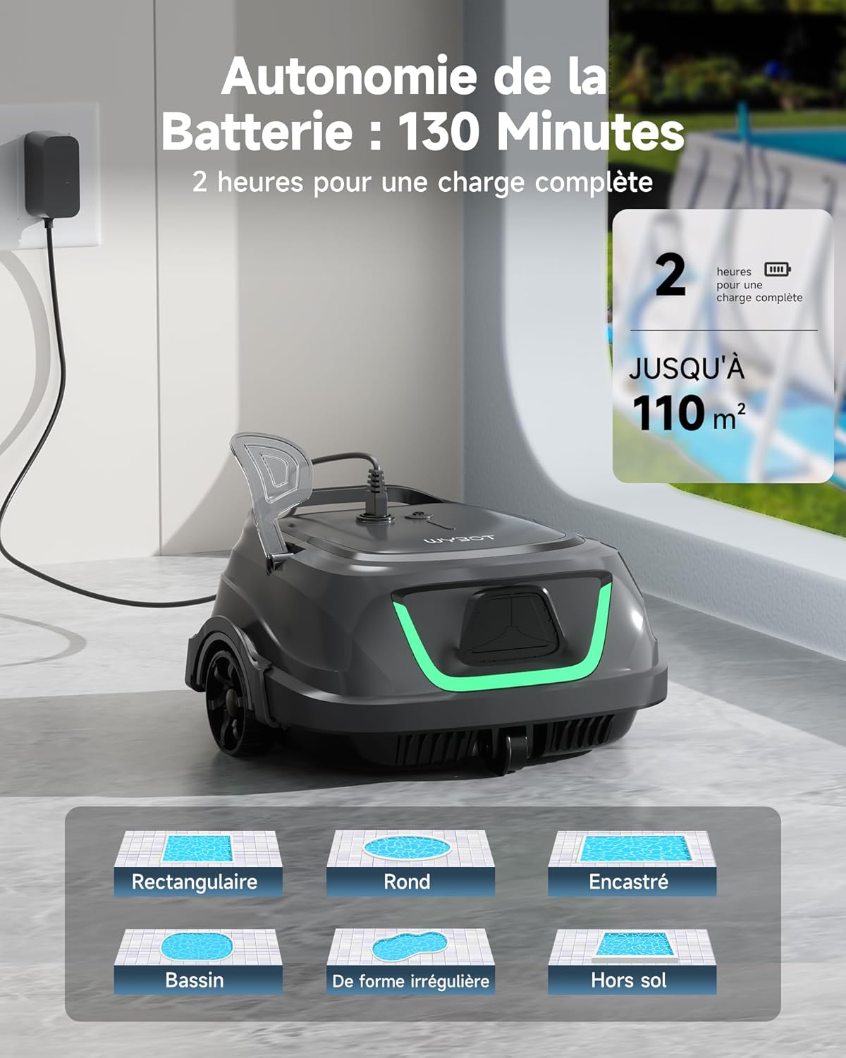 WYBOT A1max Robot Piscine sans Fil pour Piscines Hors-Sol, Aspirateur Automatique, Robot Piscine 130 Min Autonomie, Double Filtration, LED, Charge 2h, 4 Modes,Vert forêt