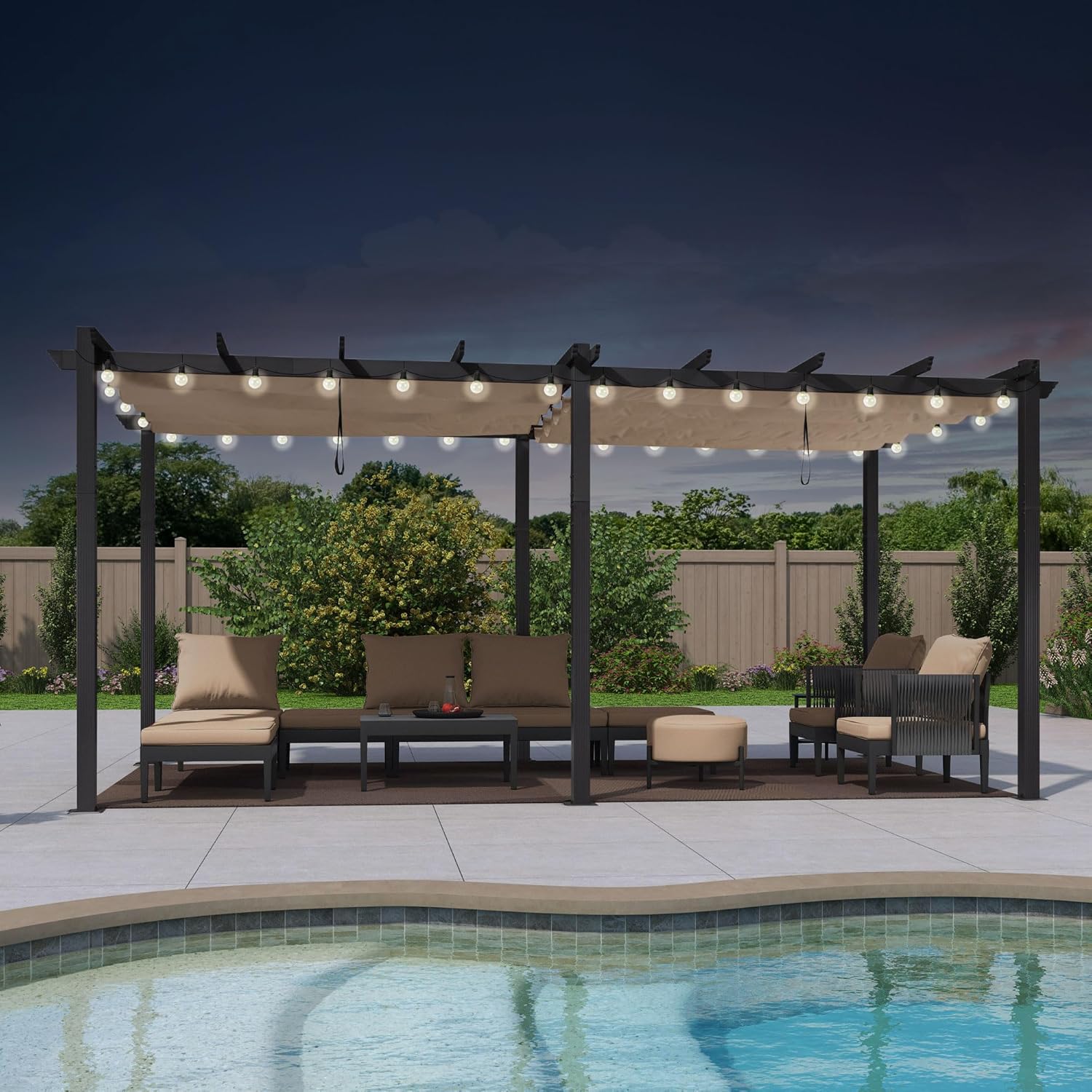 PURPLE LEAF - Pergola alu 5,5x3m, toit rétractable LED, kaki