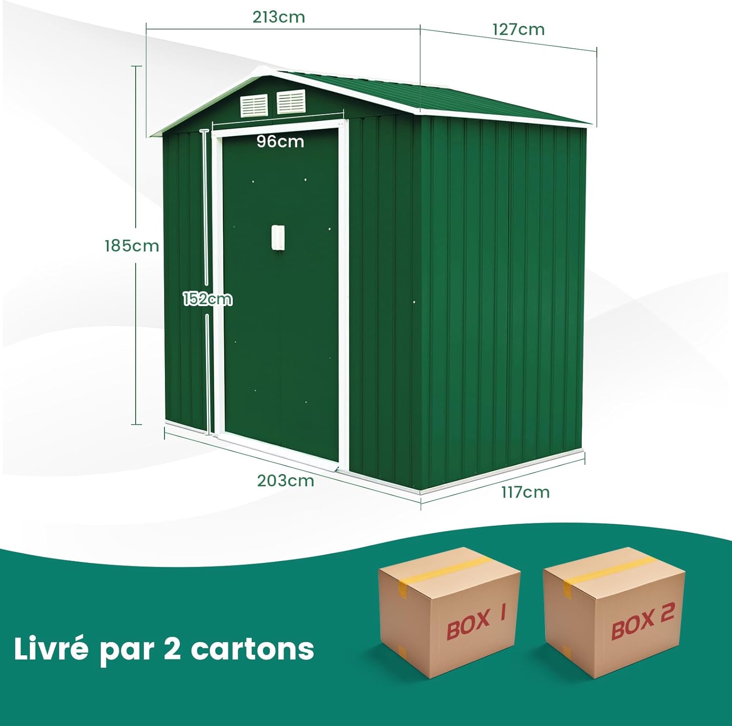 COSTWAY Abri de Jardin Métal Extérieur 2.7㎡ Acier Galvanisé avec Fondation, Toit Penché, 4 Persiennes, Double Porte Coulissante, Cabane Jardin Exterieur avec Rampe, pour Vélo, Poubelle, 213x127x185CM