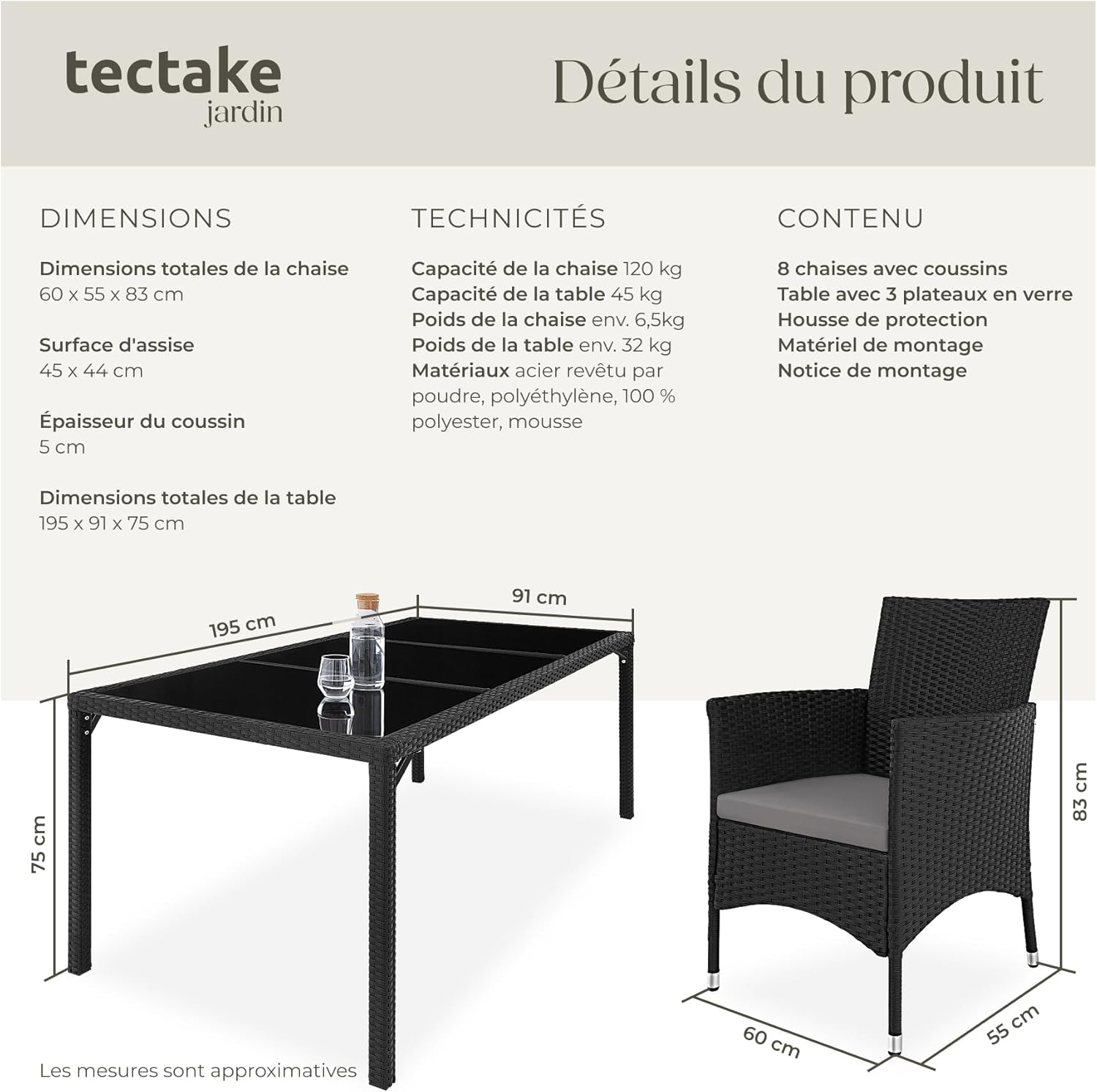 tectake - Salon de jardin 8 fauteuils résine tressée - table, housse, noir/gris