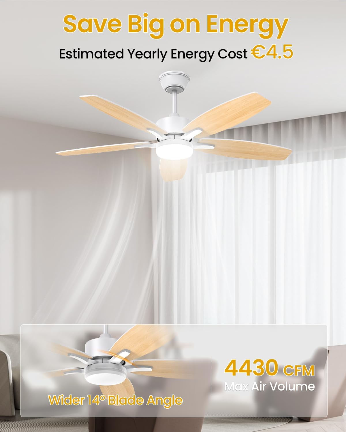 Airwit - Ventilateur plafonnier LED, 106cm, télécommande, moteur DC réversible