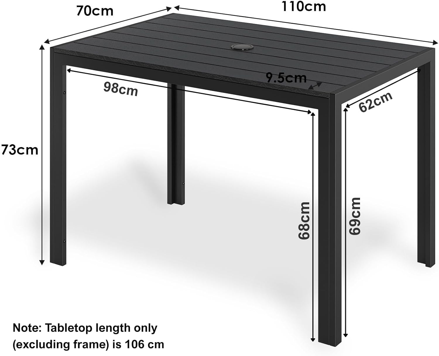 LIFERUN - Table de Jardin 110x70 cm avec Trou de Parasol, Résistante aux Intempéries, Élégante en Bois Effet Noir TW-110