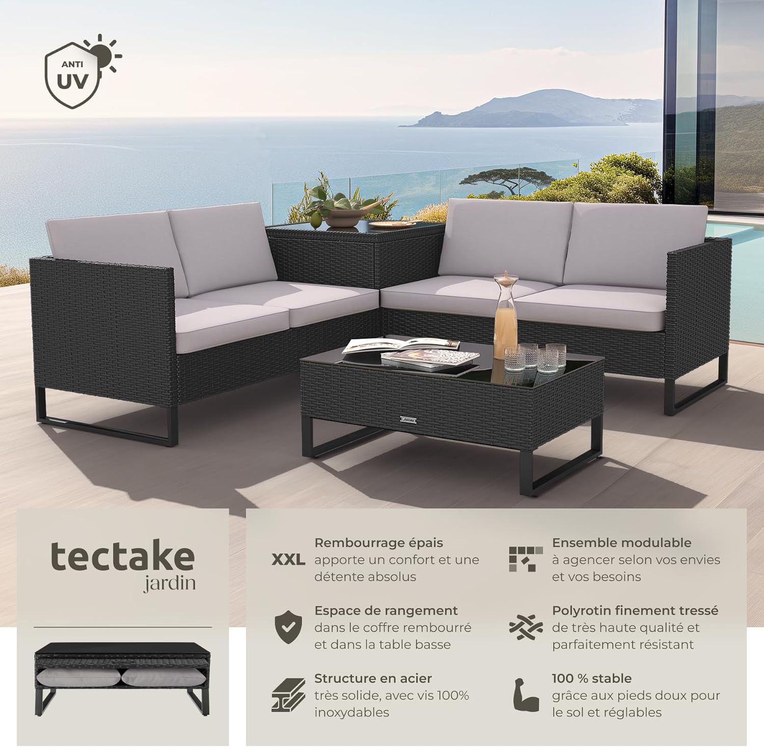 tectake - salon de jardin modulable 4 places - rotin, table verre, coffre