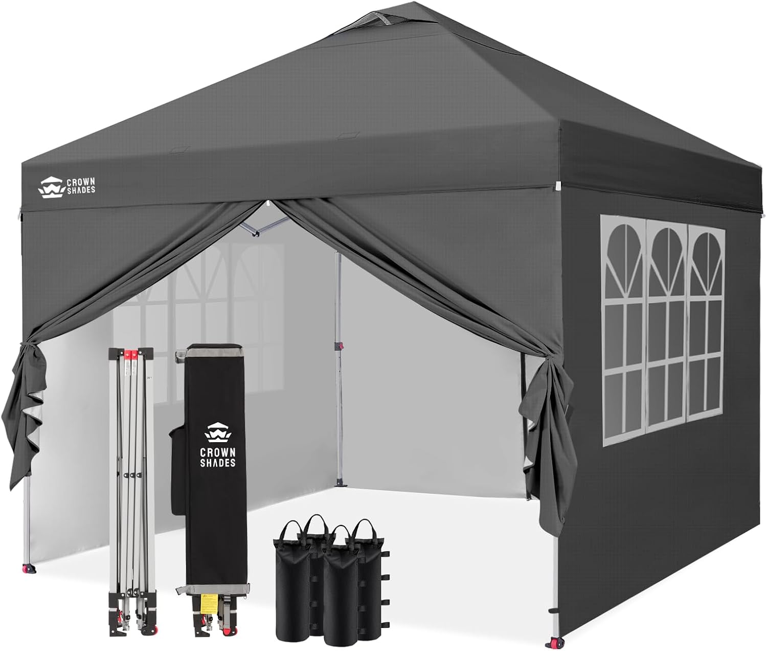 CROWN SHADES Tonnelle Pliante 3x3 Imperméable, Barnum Pliant de Jardin Exterieur, Pop-Up Gazebo avec Sac de Rangement, UPF 50+, avec 4 Parois Latérales Amovible, 4 Sac de Sable, Gris